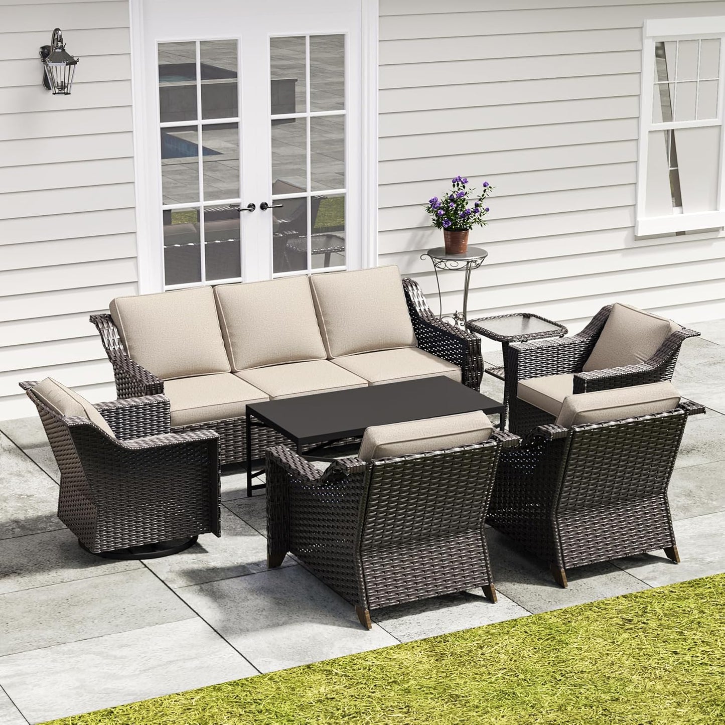 77'' Patio Sofa, All Weather Outdoor Rattan Wicker 3-Seat Sofa High Back Couch with Premium Cushions for Garden Backyard Porch(Brown/Navy)