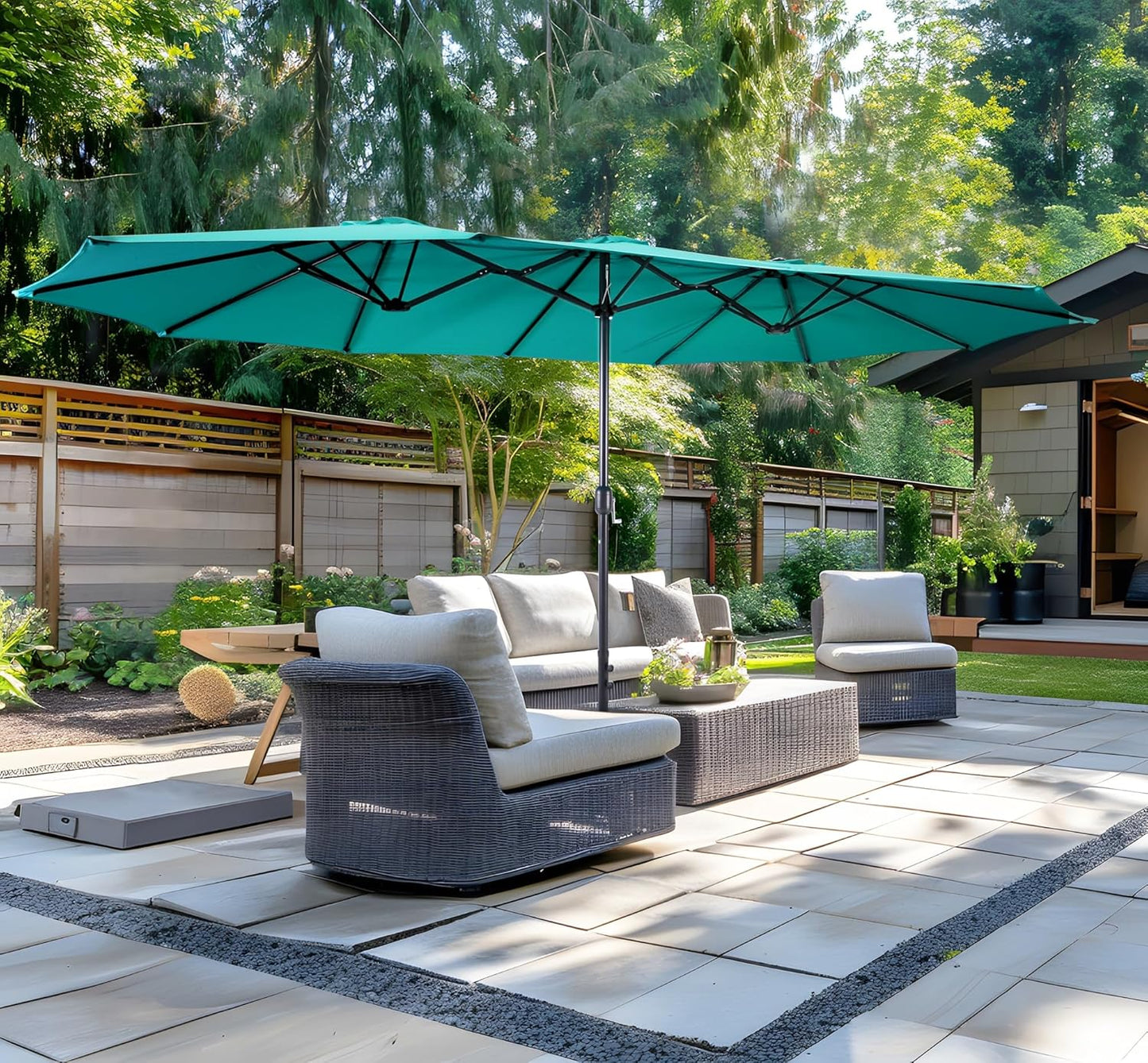 Bigroof 15ft x 9ft Patio Double-Sided Umbrella with Base & Crank, Extra Large Rectangular Outdoor Umbrella for Patio, Lawn & Garden, Beige
