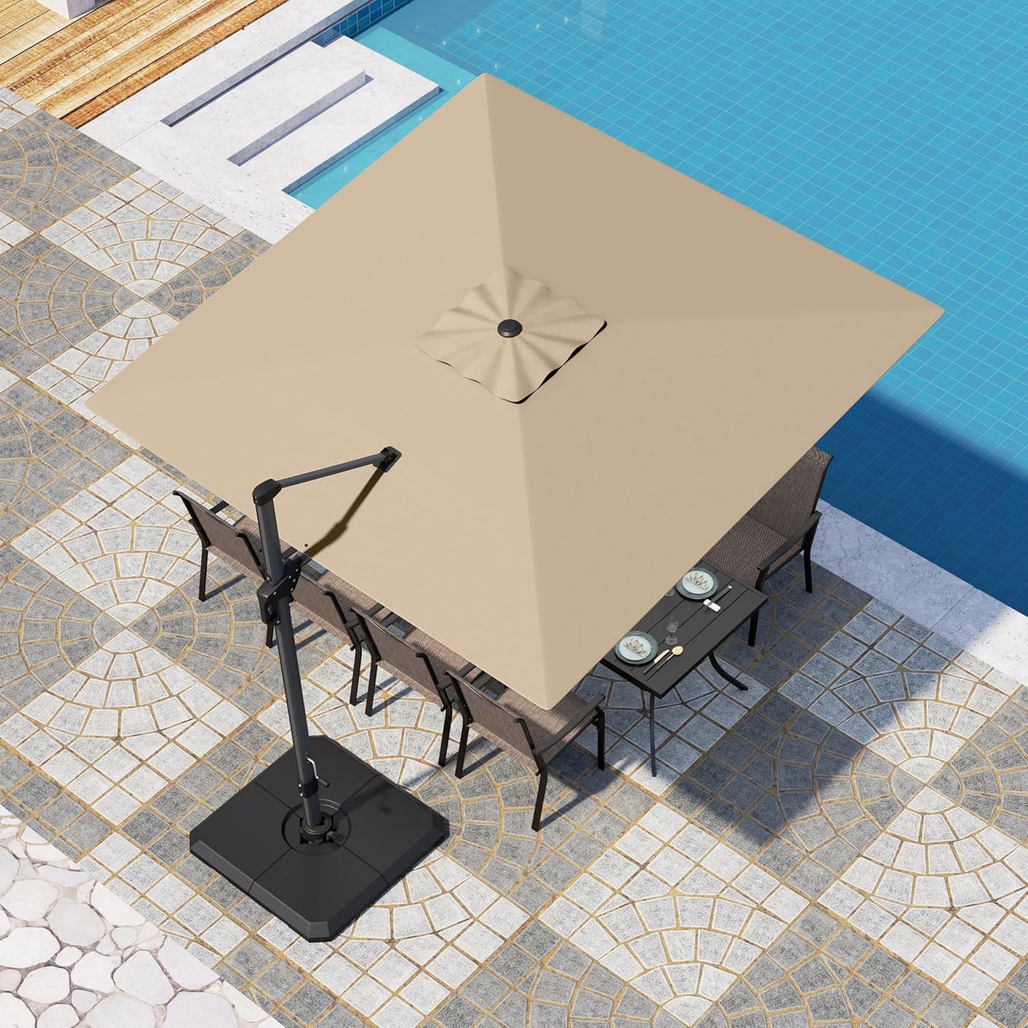 PHI VILLA 10ft Patio Cantilever Umbrella With Base, 360° Rotation & Infinite Tilt Aluminum Square Double Top Outdoor Offset Umbrella, Heavy Duty for Garden Poolside Backyard, Beige