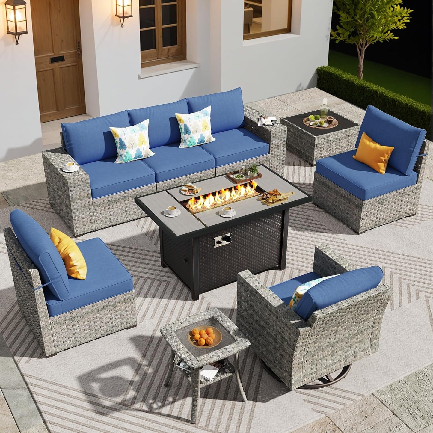 ovios 16 Pieces Patio Furniture Set, Outdoor Wicker Sectional Sofa with 54" Fire Pit Table Swivel Chairs, Modern Modular Deep Seat Rattan Couch Conversation Sets, Beige