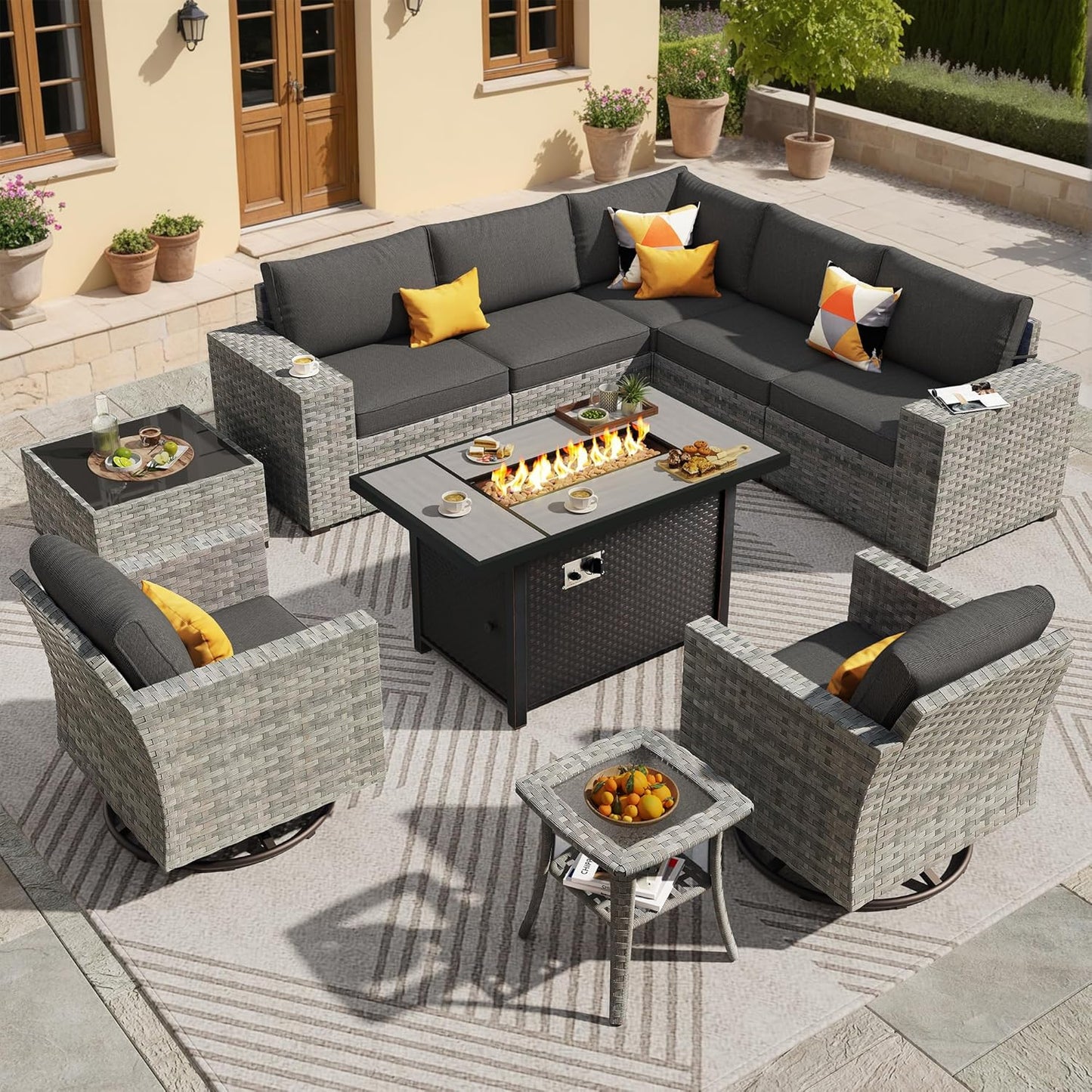 ovios 16 Pieces Patio Furniture Set, Outdoor Wicker Sectional Sofa with 54" Fire Pit Table Swivel Chairs, Modern Modular Deep Seat Rattan Couch Conversation Sets, Beige