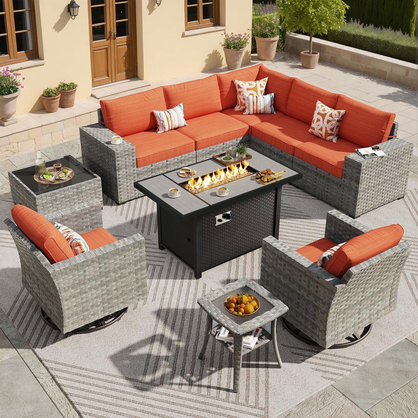 ovios 16 Pieces Patio Furniture Set, Outdoor Wicker Sectional Sofa with 54" Fire Pit Table Swivel Chairs, Modern Modular Deep Seat Rattan Couch Conversation Sets, Beige