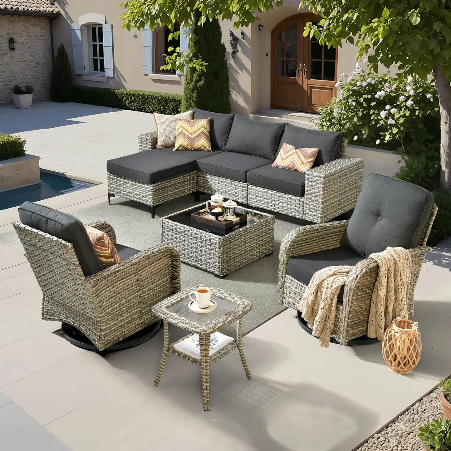 ovios 9 Pieces Patio Furniture Set Outdoor Sectional Sofa Couch with Fire Pit Table Rocking Swivel Chairs Deep Seat Chaise, Modern Modular Wicker Rattan Conversation Set, Black
