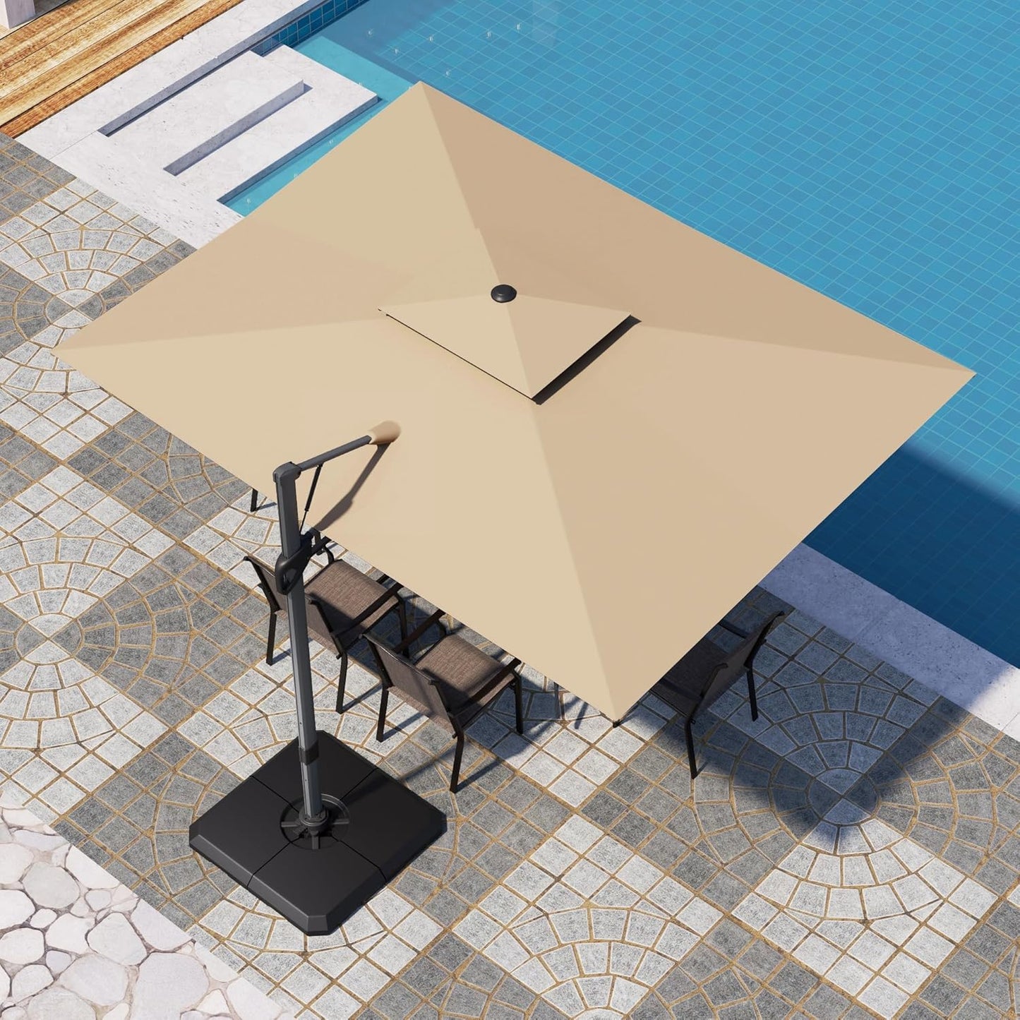 PHI VILLA 10ft Patio Cantilever Umbrella With Base, 360° Rotation & Infinite Tilt Aluminum Square Double Top Outdoor Offset Umbrella, Heavy Duty for Garden Poolside Backyard, Beige