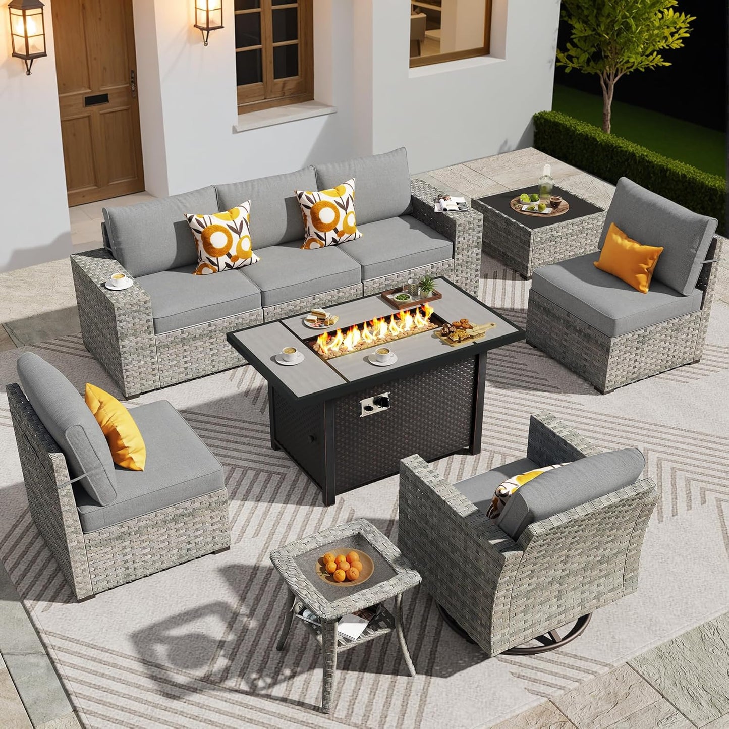 ovios 16 Pieces Patio Furniture Set, Outdoor Wicker Sectional Sofa with 54" Fire Pit Table Swivel Chairs, Modern Modular Deep Seat Rattan Couch Conversation Sets, Beige