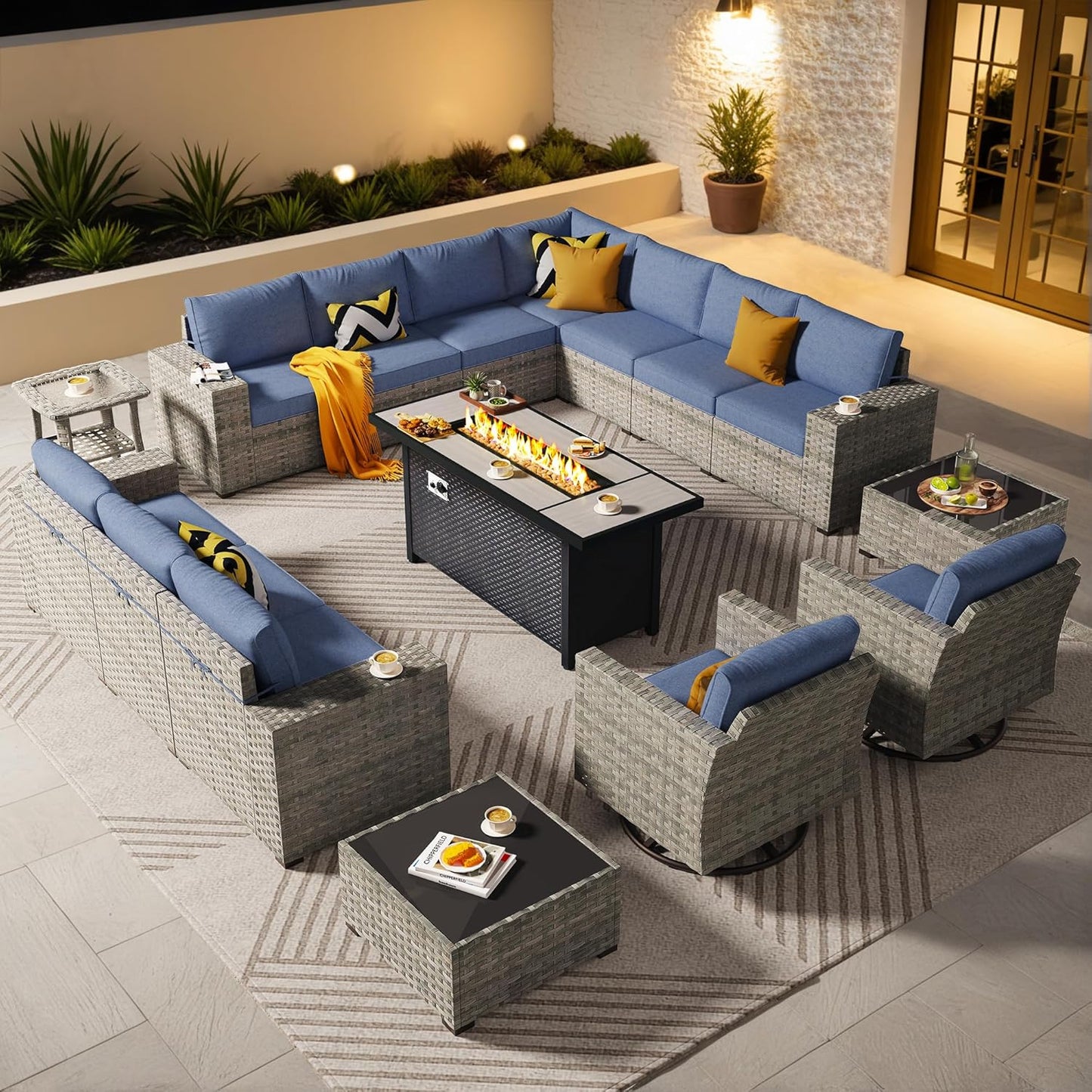 ovios 16 Pieces Patio Furniture Set, Outdoor Wicker Sectional Sofa with 54" Fire Pit Table Swivel Chairs, Modern Modular Deep Seat Rattan Couch Conversation Sets, Beige