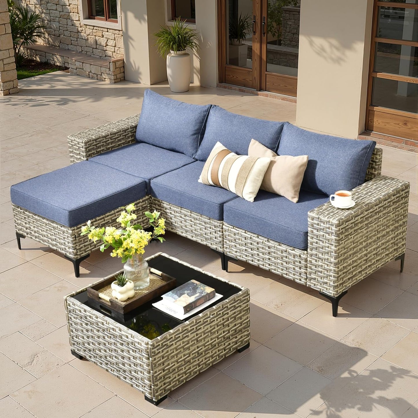 ovios 9 Pieces Patio Furniture Set Outdoor Sectional Sofa Couch with Fire Pit Table Rocking Swivel Chairs Deep Seat Chaise, Modern Modular Wicker Rattan Conversation Set, Black