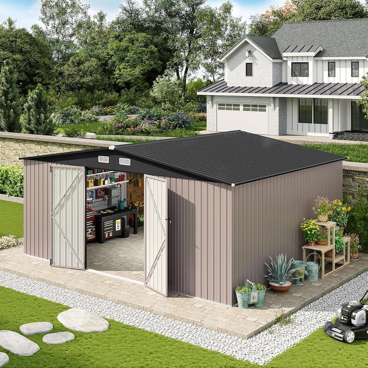 Aoxun 10 x 12FT Outdoor Storage Shed with Double Hinged Large Door Utility Garden Shed with Lockable Door & Sloped Roof Metal Sheds Outdoor Storage for Garden, Backyard, Patio and Backyard, Brown