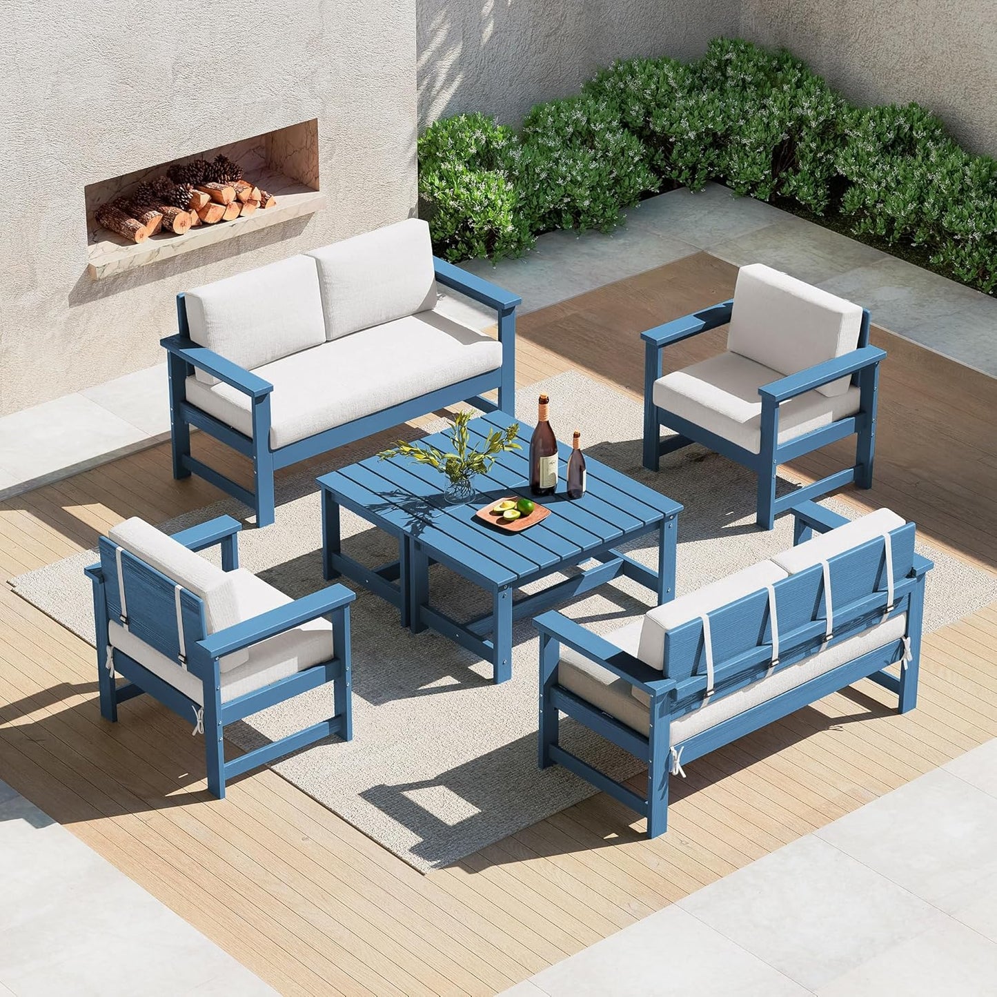 SERWALL 8 Pieces HDPE Outdoor Conversation Sofa Set with Cushions, All Weather Use Patio Couch Loveseat Furniture with Side Table for Balcony, Deck, Poolside, Black Frame with Khaki Cushions