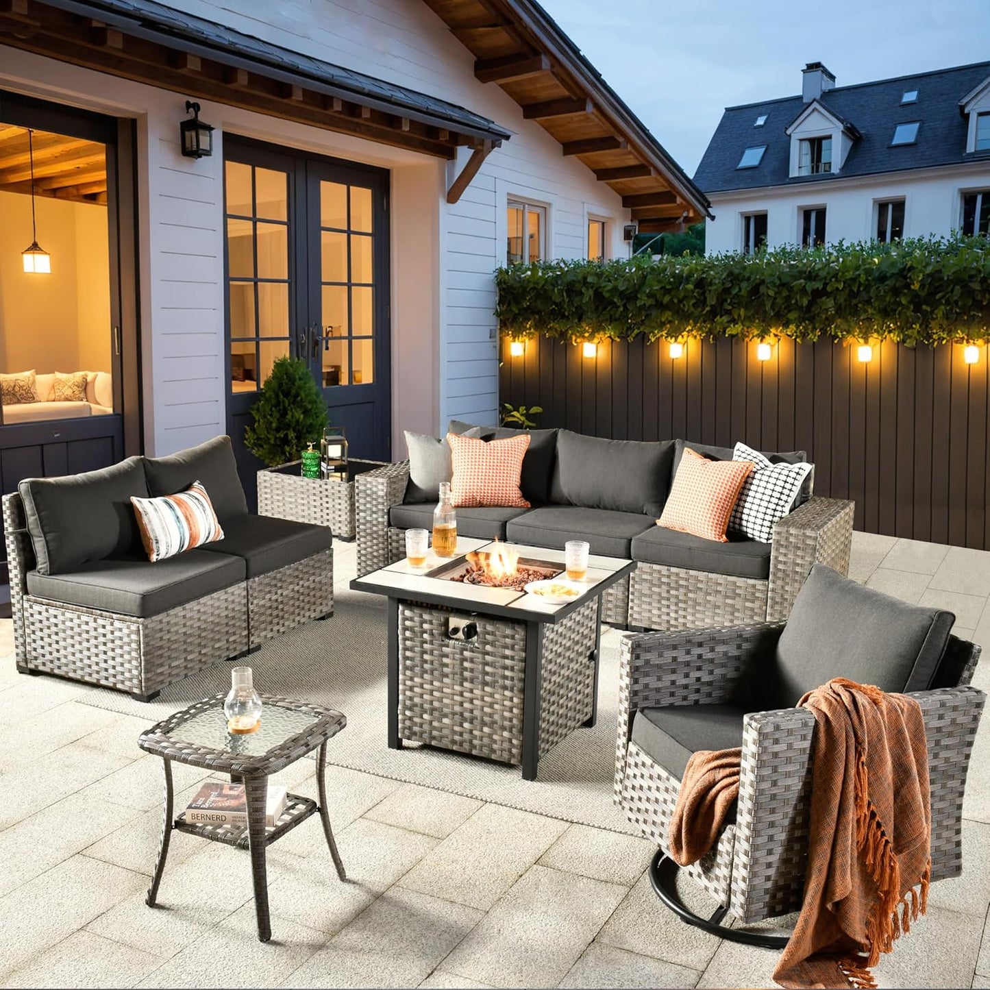 ovios 16 Pieces Patio Furniture Set, Outdoor Wicker Sectional Sofa with 54" Fire Pit Table Swivel Chairs, Modern Modular Deep Seat Rattan Couch Conversation Sets, Beige