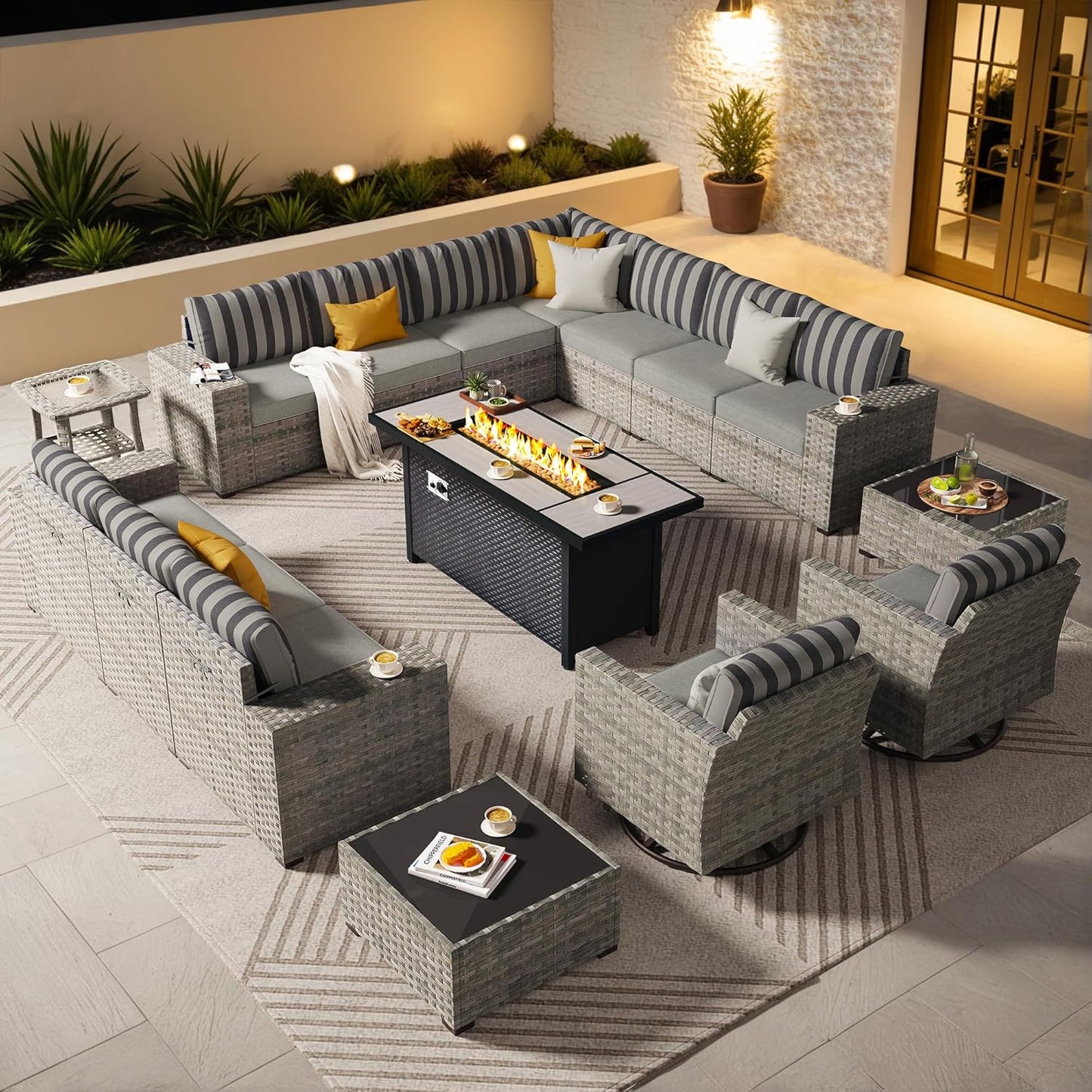 ovios 16 Pieces Patio Furniture Set, Outdoor Wicker Sectional Sofa with 54" Fire Pit Table Swivel Chairs, Modern Modular Deep Seat Rattan Couch Conversation Sets, Beige