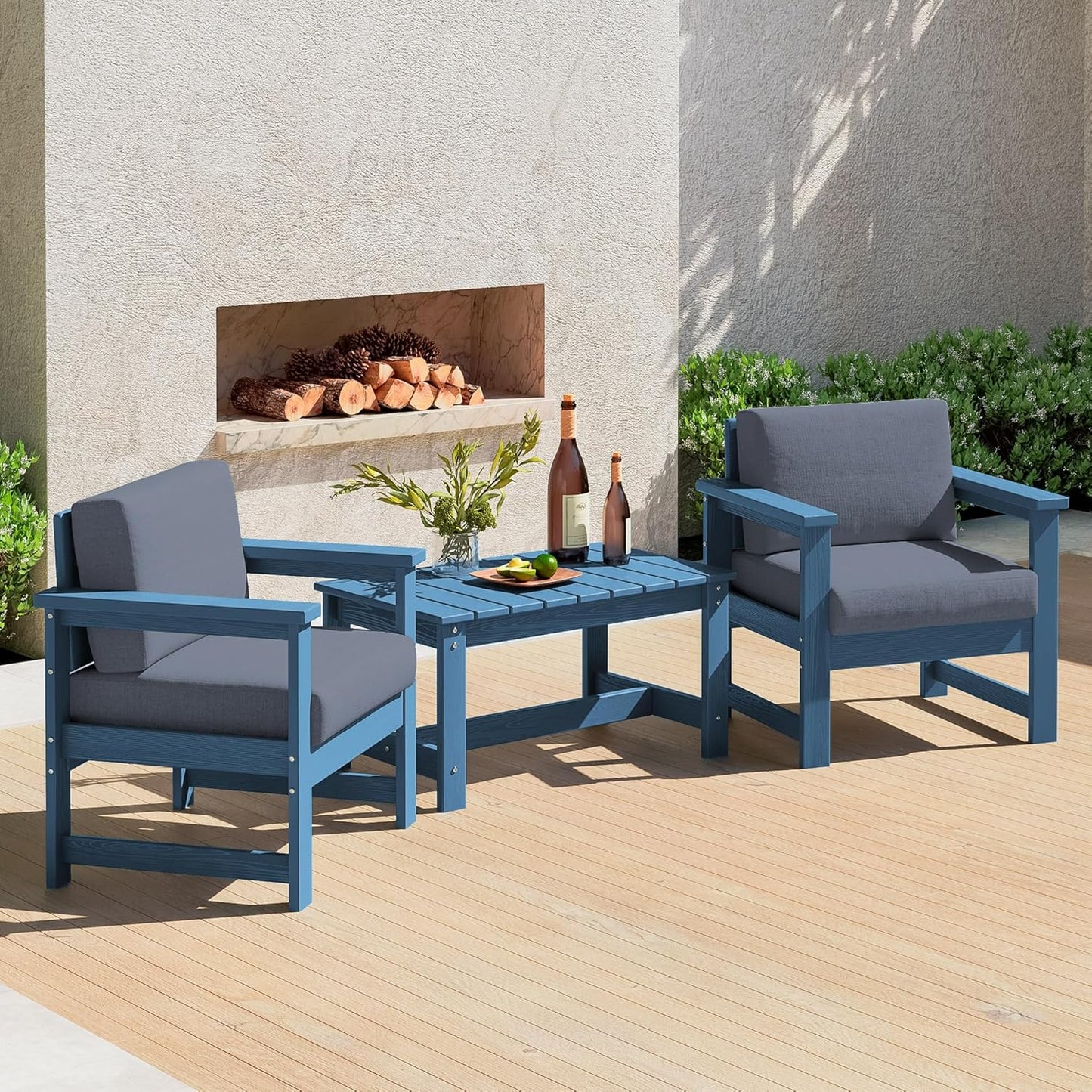 SERWALL 8 Pieces HDPE Outdoor Conversation Sofa Set with Cushions, All Weather Use Patio Couch Loveseat Furniture with Side Table for Balcony, Deck, Poolside, Black Frame with Khaki Cushions