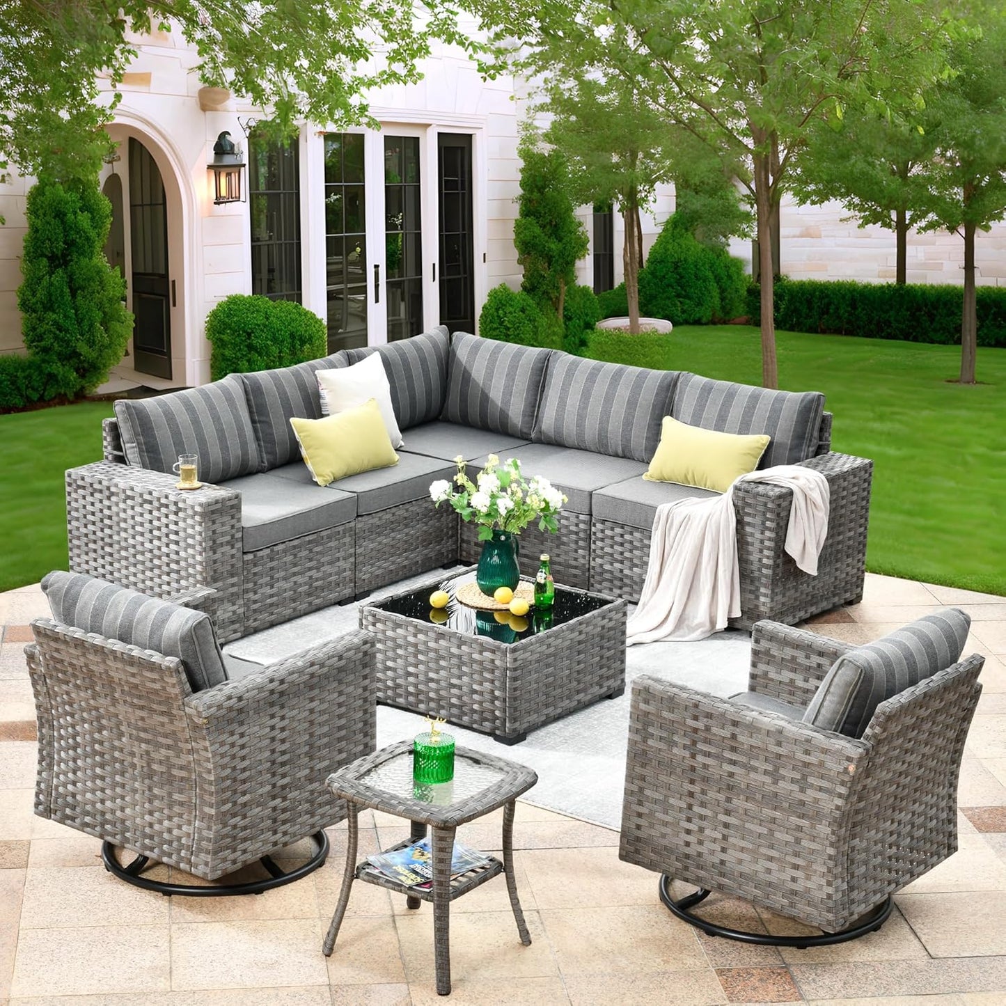 ovios 16 Pieces Patio Furniture Set, Outdoor Wicker Sectional Sofa with 54" Fire Pit Table Swivel Chairs, Modern Modular Deep Seat Rattan Couch Conversation Sets, Beige