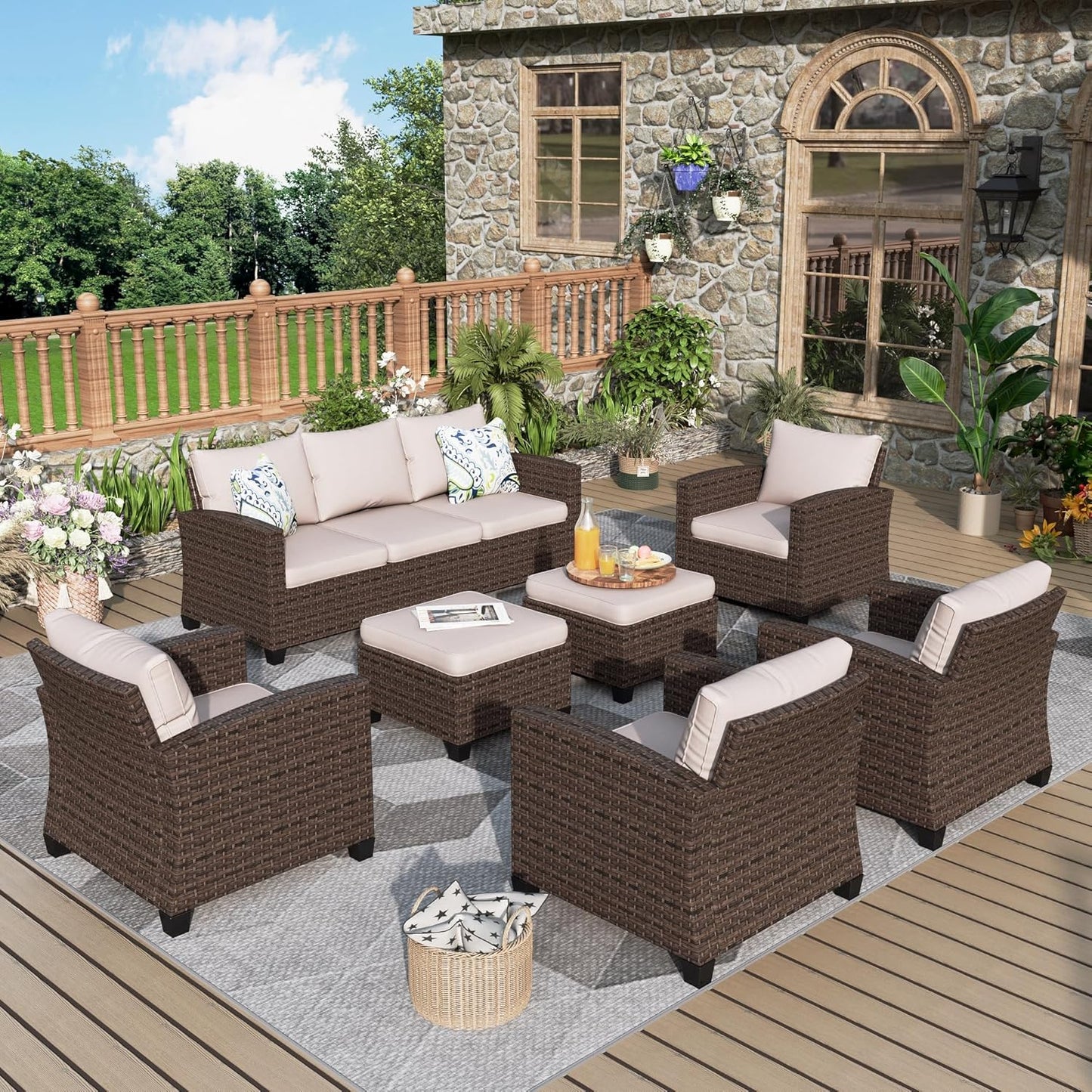 Swivel Glider Patio Furniture Set, 8 Pcs Wicker Rattan Outdoor Conversation Set, 2 x Swivel Chairs, 2 x Leg Chairs, 1 x 3 Seater Sofa and 2 x Ottomans and 56" Fire Pit Table, Blue