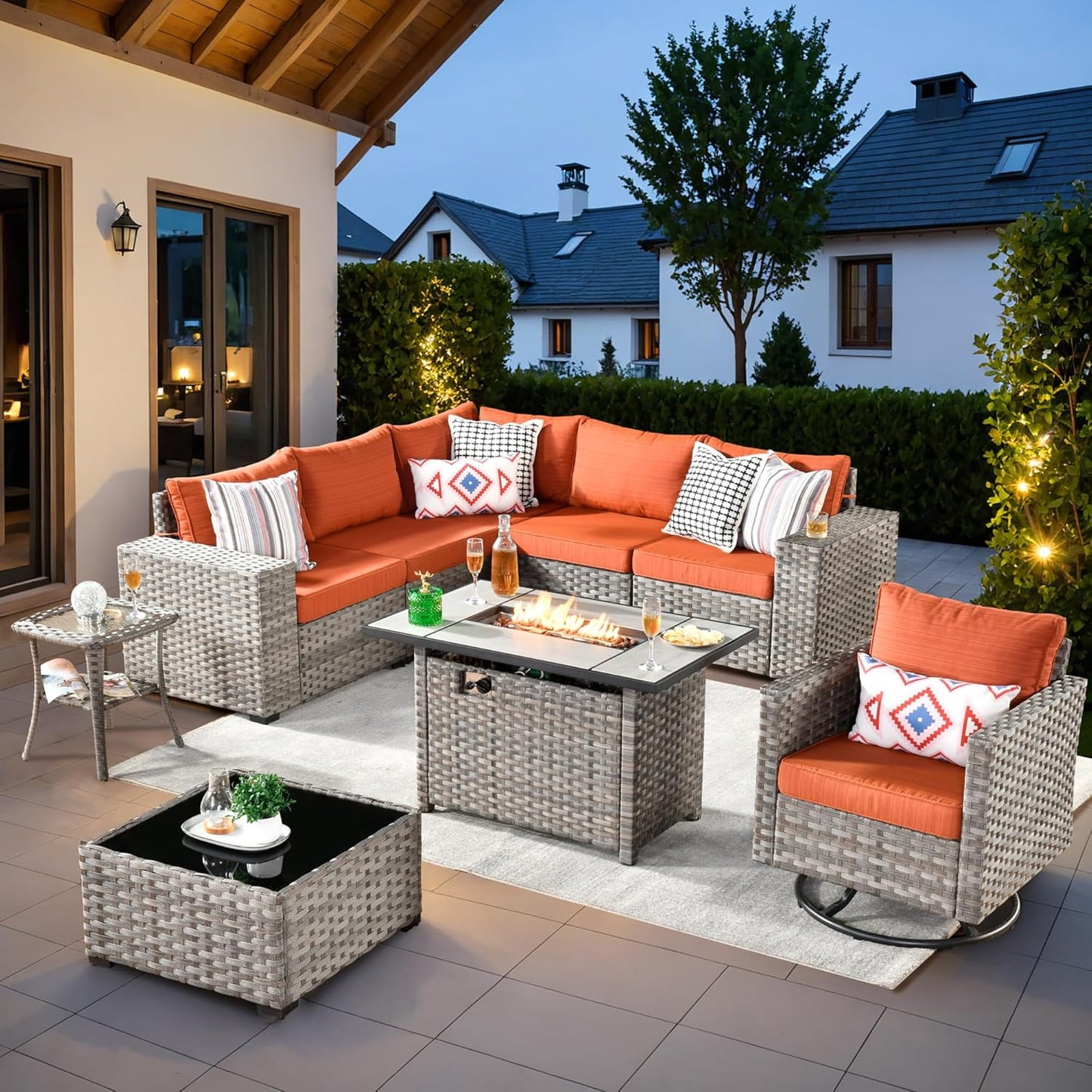 ovios 16 Pieces Patio Furniture Set, Outdoor Wicker Sectional Sofa with 54" Fire Pit Table Swivel Chairs, Modern Modular Deep Seat Rattan Couch Conversation Sets, Beige