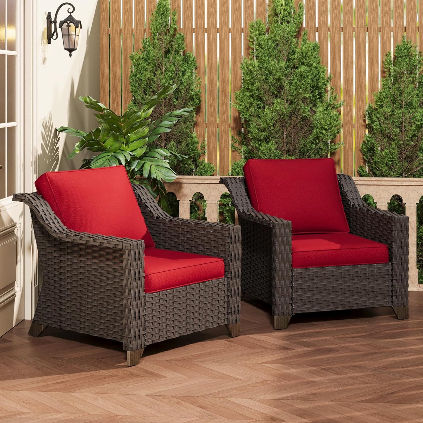 77'' Patio Sofa, All Weather Outdoor Rattan Wicker 3-Seat Sofa High Back Couch with Premium Cushions for Garden Backyard Porch(Brown/Navy)