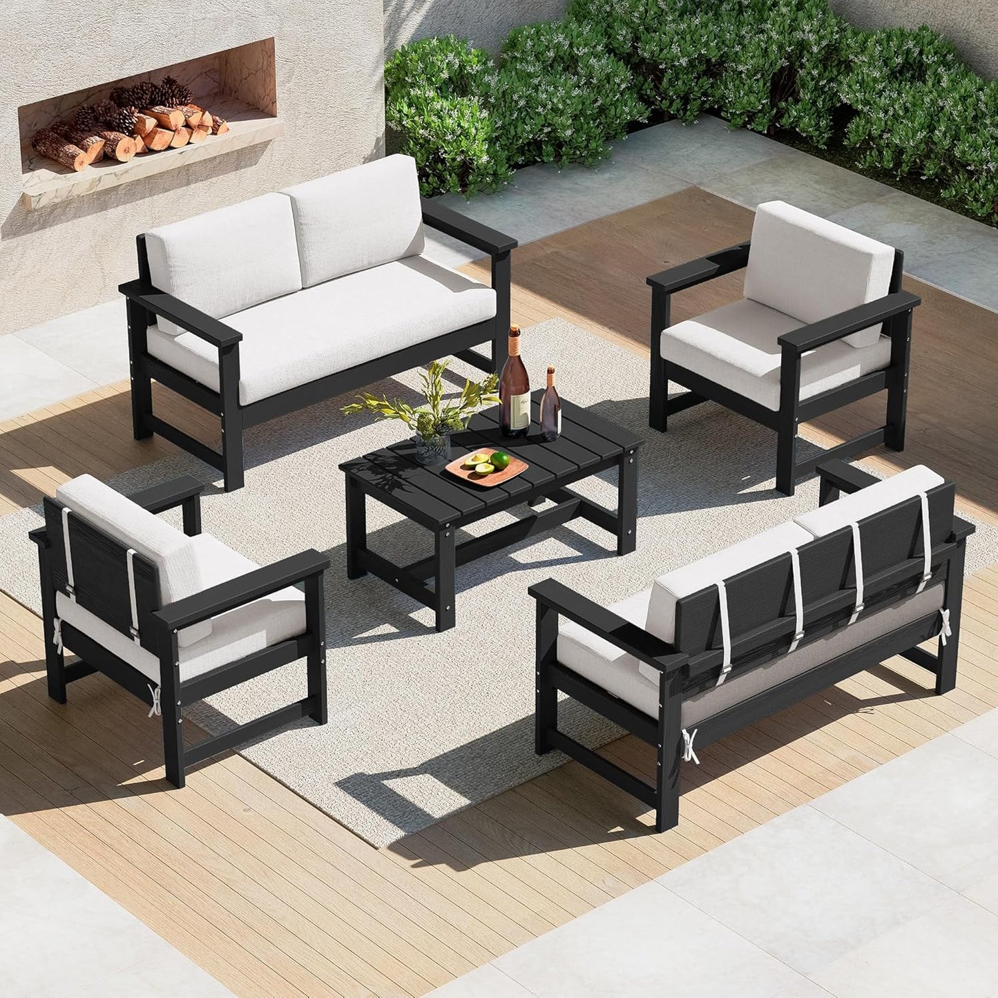 SERWALL 8 Pieces HDPE Outdoor Conversation Sofa Set with Cushions, All Weather Use Patio Couch Loveseat Furniture with Side Table for Balcony, Deck, Poolside, Black Frame with Khaki Cushions