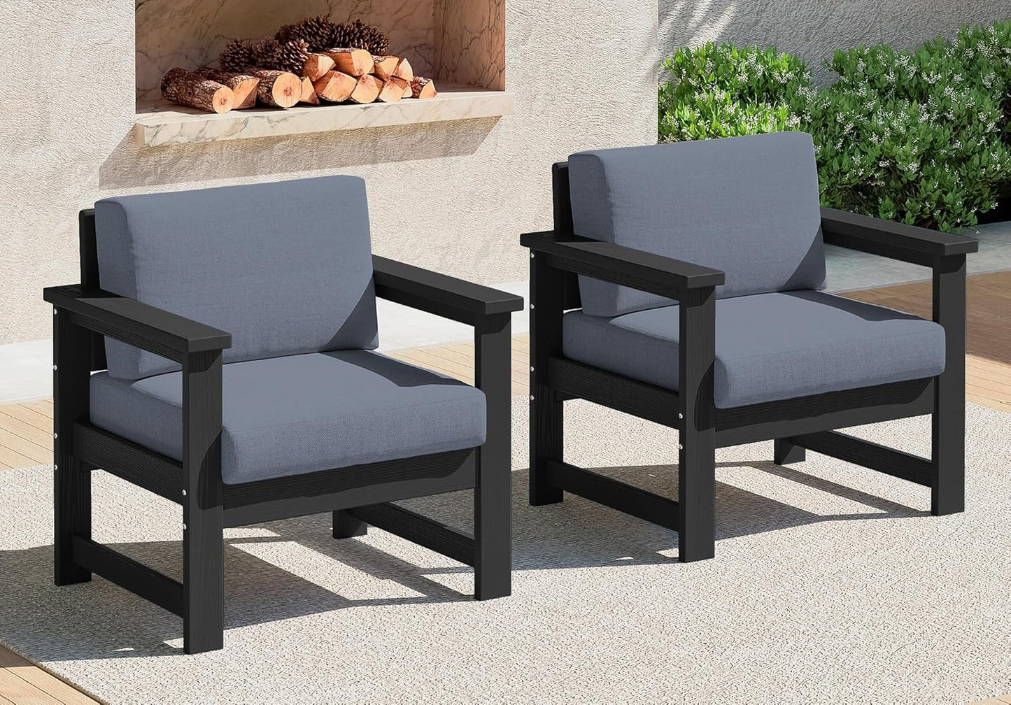 SERWALL 8 Pieces HDPE Outdoor Conversation Sofa Set with Cushions, All Weather Use Patio Couch Loveseat Furniture with Side Table for Balcony, Deck, Poolside, Black Frame with Khaki Cushions
