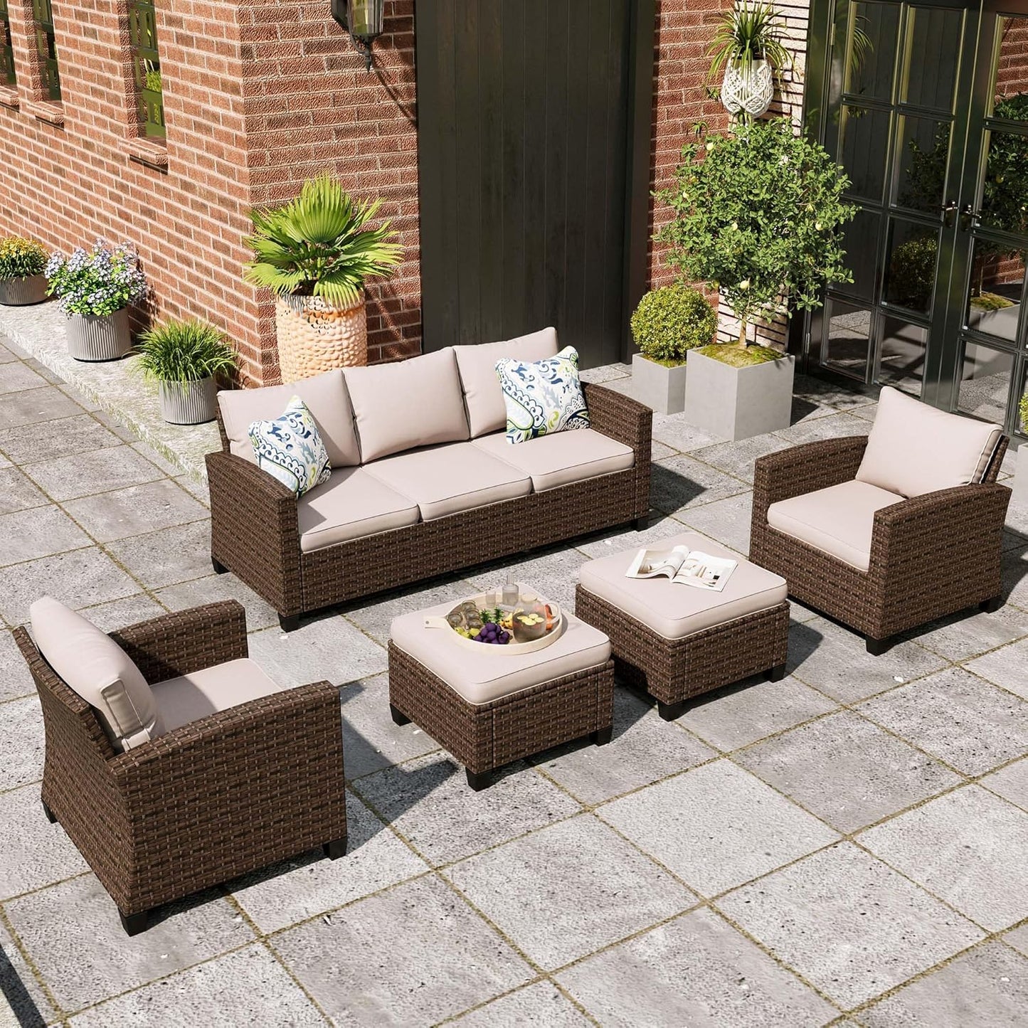 Swivel Glider Patio Furniture Set, 8 Pcs Wicker Rattan Outdoor Conversation Set, 2 x Swivel Chairs, 2 x Leg Chairs, 1 x 3 Seater Sofa and 2 x Ottomans and 56" Fire Pit Table, Blue