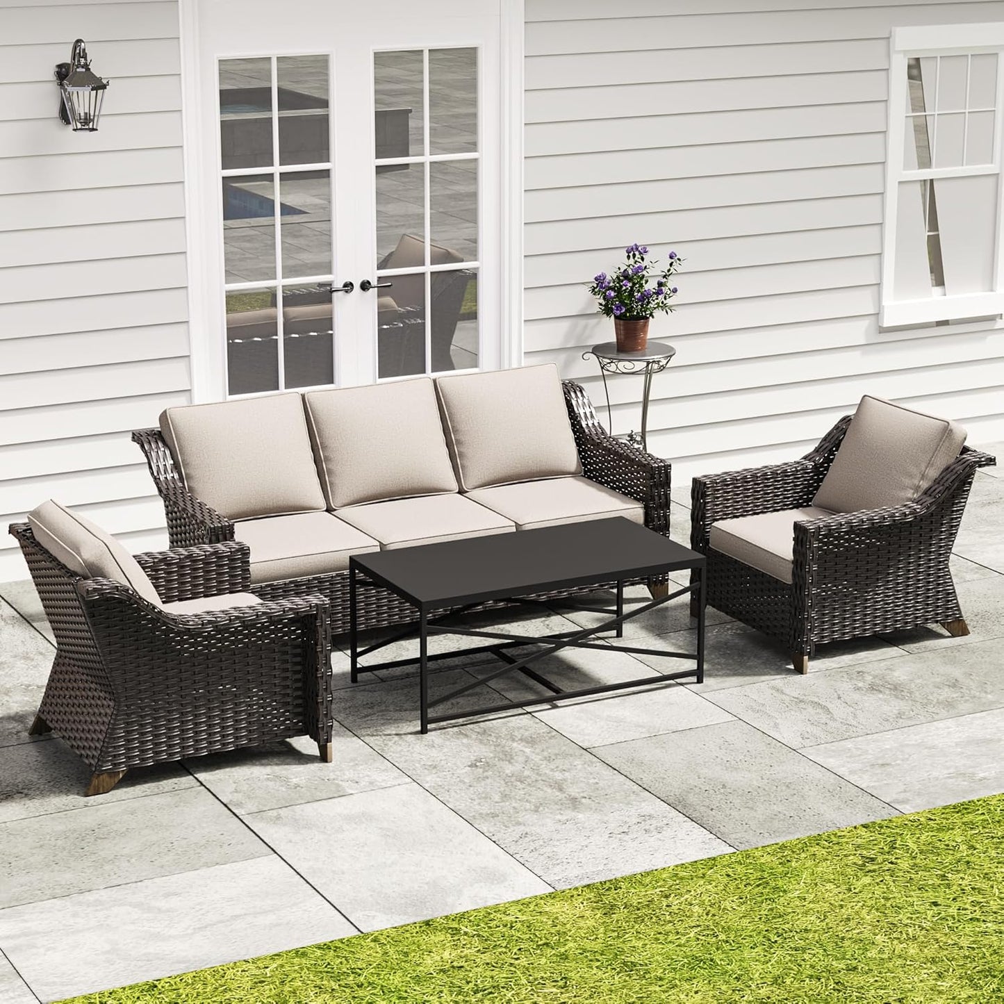 77'' Patio Sofa, All Weather Outdoor Rattan Wicker 3-Seat Sofa High Back Couch with Premium Cushions for Garden Backyard Porch(Brown/Navy)