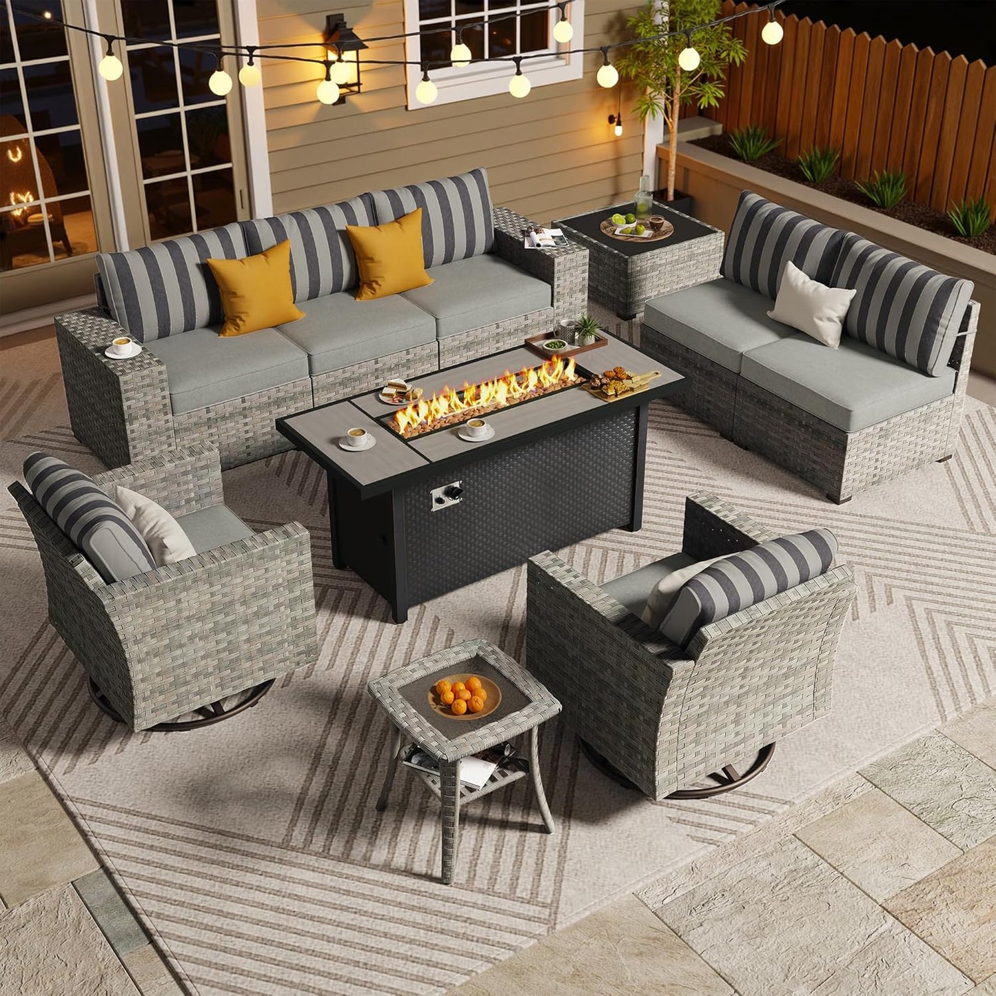 ovios 16 Pieces Patio Furniture Set, Outdoor Wicker Sectional Sofa with 54" Fire Pit Table Swivel Chairs, Modern Modular Deep Seat Rattan Couch Conversation Sets, Beige