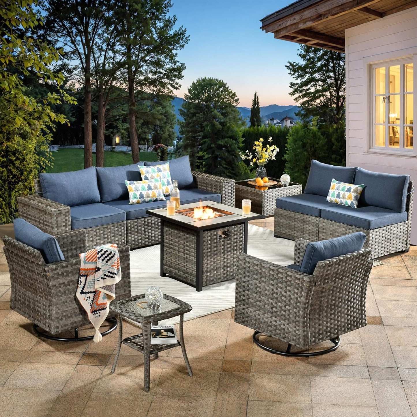 ovios 16 Pieces Patio Furniture Set, Outdoor Wicker Sectional Sofa with 54" Fire Pit Table Swivel Chairs, Modern Modular Deep Seat Rattan Couch Conversation Sets, Beige