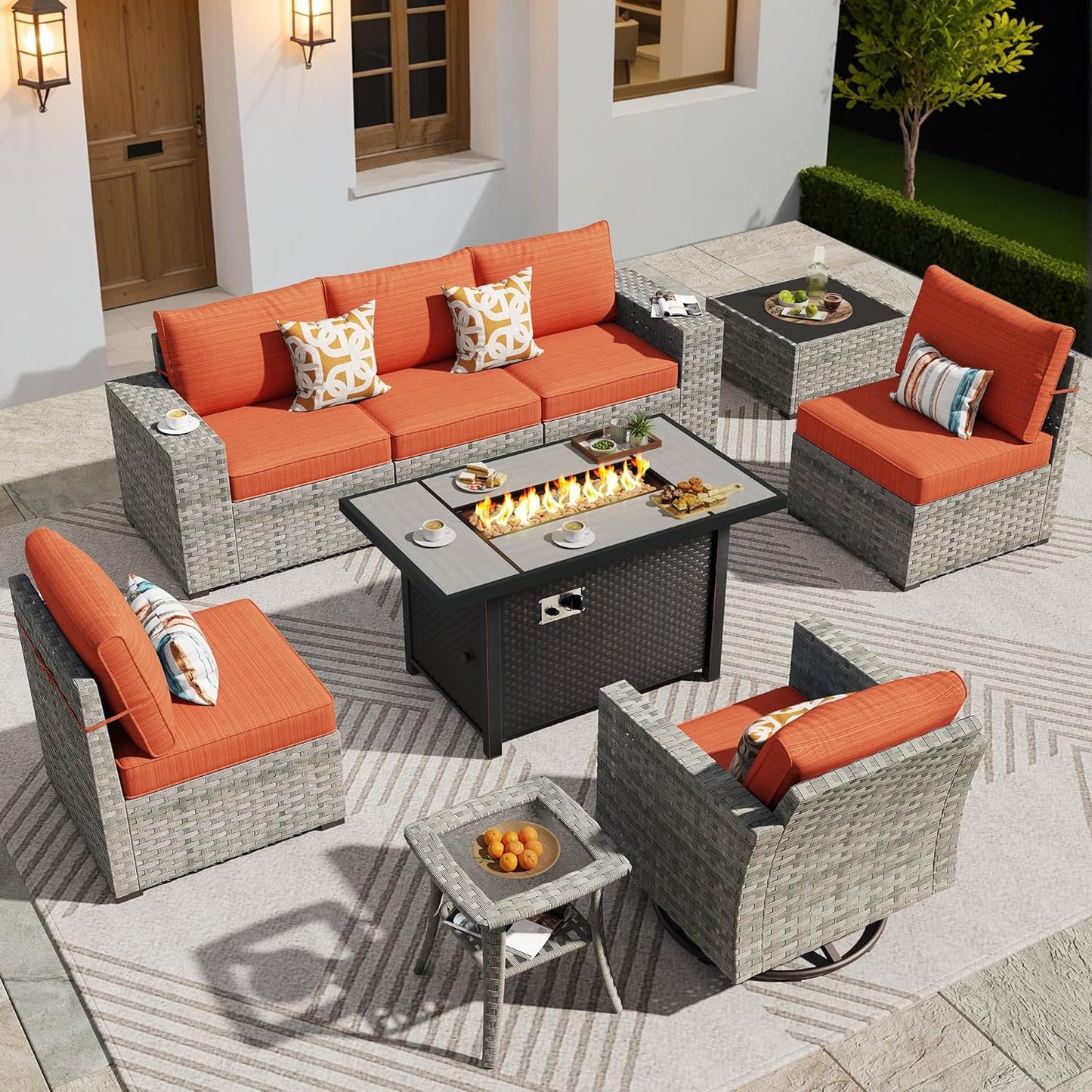 ovios 16 Pieces Patio Furniture Set, Outdoor Wicker Sectional Sofa with 54" Fire Pit Table Swivel Chairs, Modern Modular Deep Seat Rattan Couch Conversation Sets, Beige