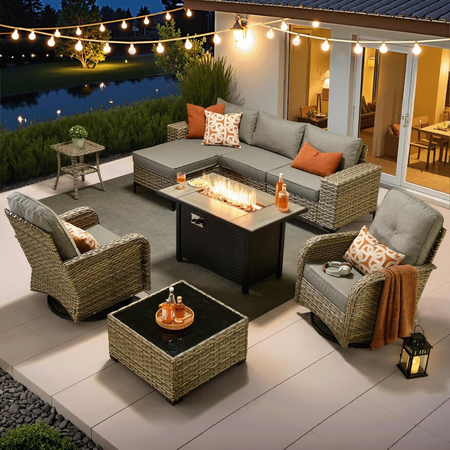 ovios 9 Pieces Patio Furniture Set Outdoor Sectional Sofa Couch with Fire Pit Table Rocking Swivel Chairs Deep Seat Chaise, Modern Modular Wicker Rattan Conversation Set, Black
