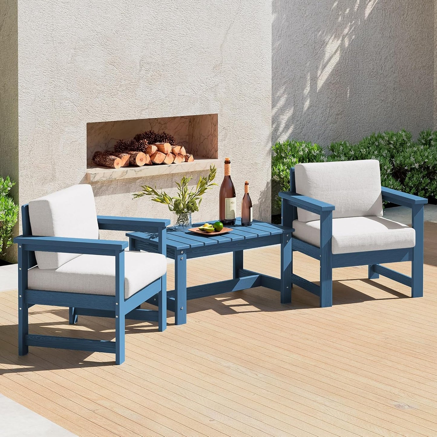 SERWALL 8 Pieces HDPE Outdoor Conversation Sofa Set with Cushions, All Weather Use Patio Couch Loveseat Furniture with Side Table for Balcony, Deck, Poolside, Black Frame with Khaki Cushions