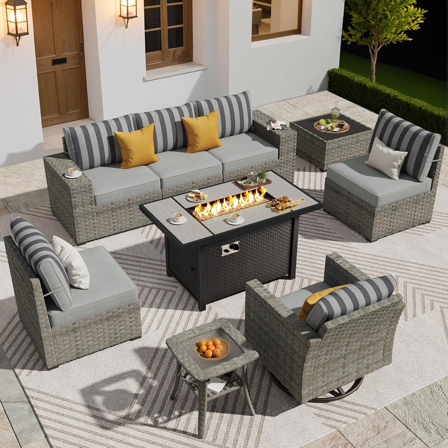 ovios 16 Pieces Patio Furniture Set, Outdoor Wicker Sectional Sofa with 54" Fire Pit Table Swivel Chairs, Modern Modular Deep Seat Rattan Couch Conversation Sets, Beige