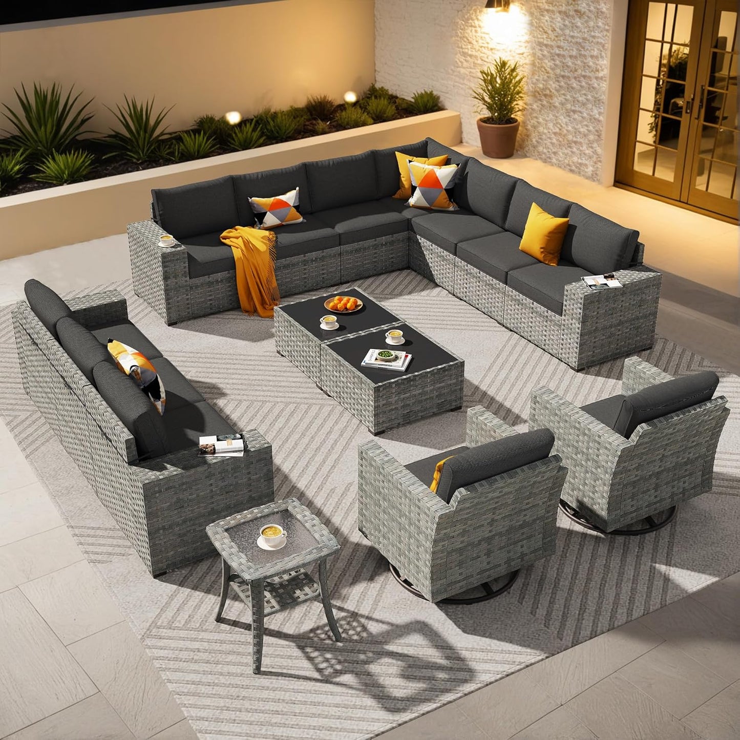 ovios 16 Pieces Patio Furniture Set, Outdoor Wicker Sectional Sofa with 54" Fire Pit Table Swivel Chairs, Modern Modular Deep Seat Rattan Couch Conversation Sets, Beige
