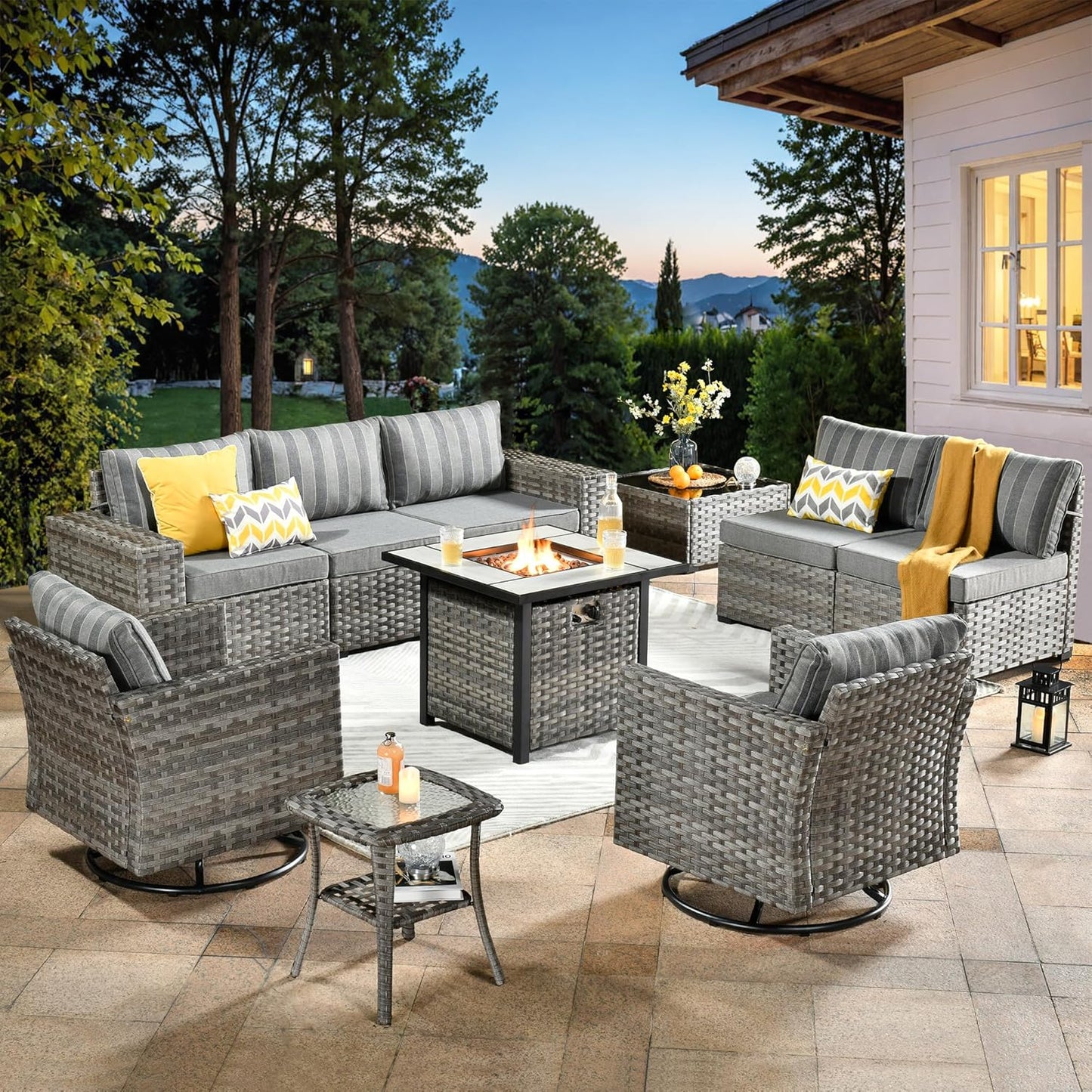 ovios 16 Pieces Patio Furniture Set, Outdoor Wicker Sectional Sofa with 54" Fire Pit Table Swivel Chairs, Modern Modular Deep Seat Rattan Couch Conversation Sets, Beige