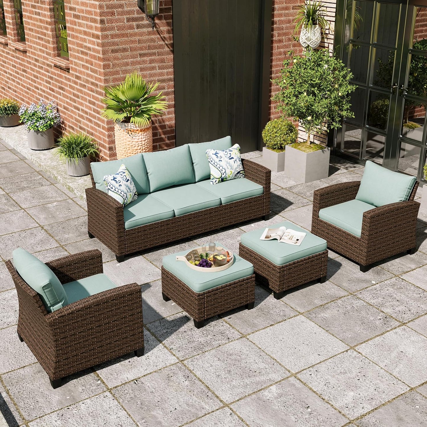Swivel Glider Patio Furniture Set, 8 Pcs Wicker Rattan Outdoor Conversation Set, 2 x Swivel Chairs, 2 x Leg Chairs, 1 x 3 Seater Sofa and 2 x Ottomans and 56" Fire Pit Table, Blue