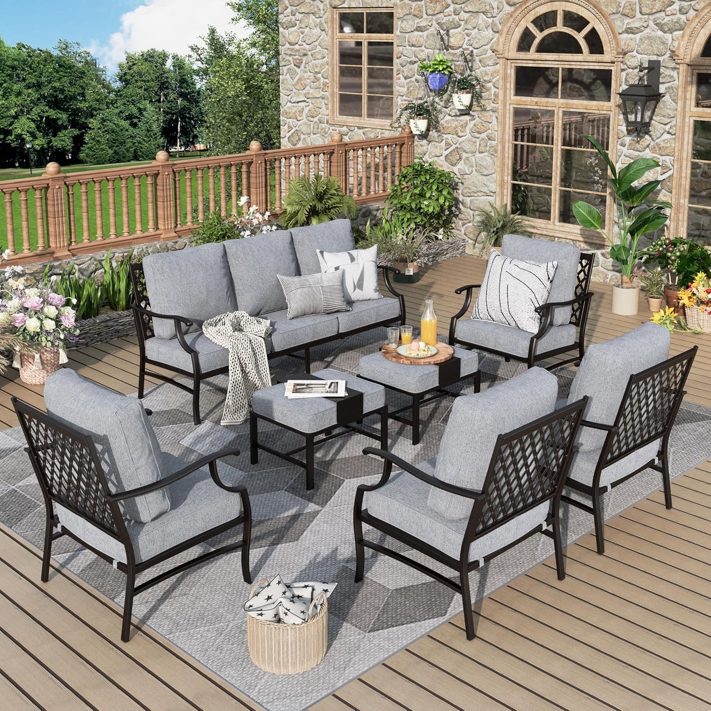 Patio Furniture Set 7 pcs, Outdoor Patio Furniture, 3-Seat Sofa, 2 Single Chairs, 2 Rocking Chairs, 2 Ottomans and 5.75" Extra Thick Cushion, Patio Conversation Set for Backyard Deck,Beige