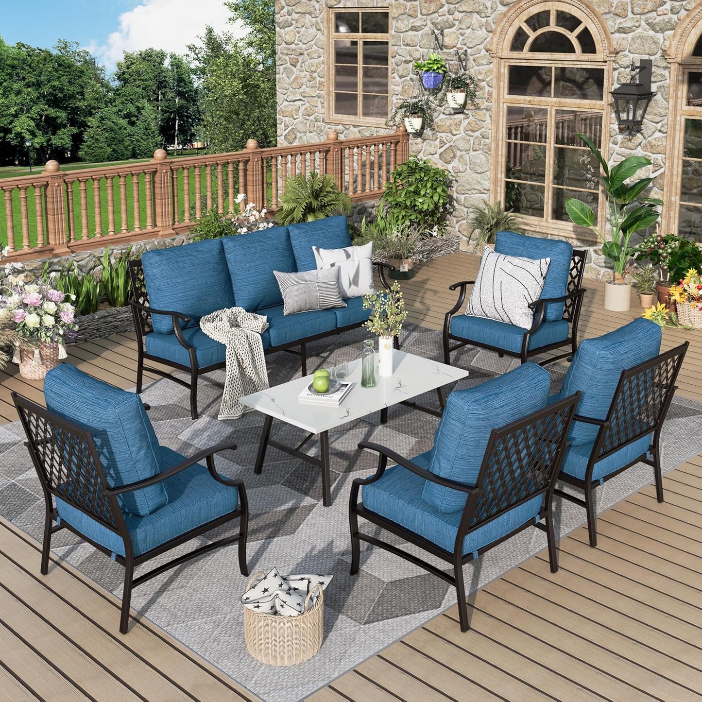Patio Furniture Set 6 pcs, Outdoor Patio Furniture, 1 X 3-Seat Sofa, 2 X Single Chairs, 2 X Swivel Chairs, 1 X Coffee Table and 5.75" Extra Thick Cushion, Patio Conversation Set,Gemstone Blue