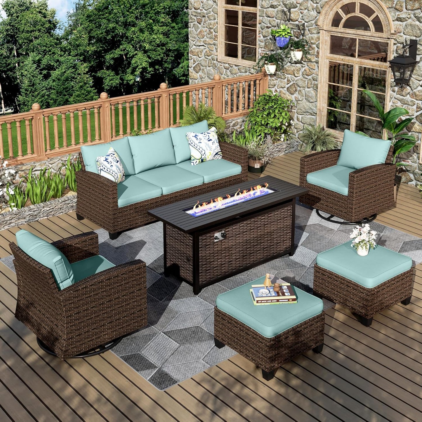 Swivel Glider Patio Furniture Set, 8 Pcs Wicker Rattan Outdoor Conversation Set, 2 x Swivel Chairs, 2 x Leg Chairs, 1 x 3 Seater Sofa and 2 x Ottomans and 56" Fire Pit Table, Blue