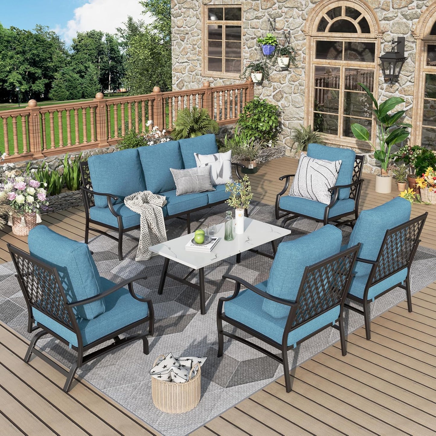 Patio Furniture Set 6 pcs, Outdoor Patio Furniture, 1 X 3-Seat Sofa, 2 X Single Chairs, 2 X Swivel Chairs, 1 X Coffee Table and 5.75" Extra Thick Cushion, Patio Conversation Set,Gemstone Blue