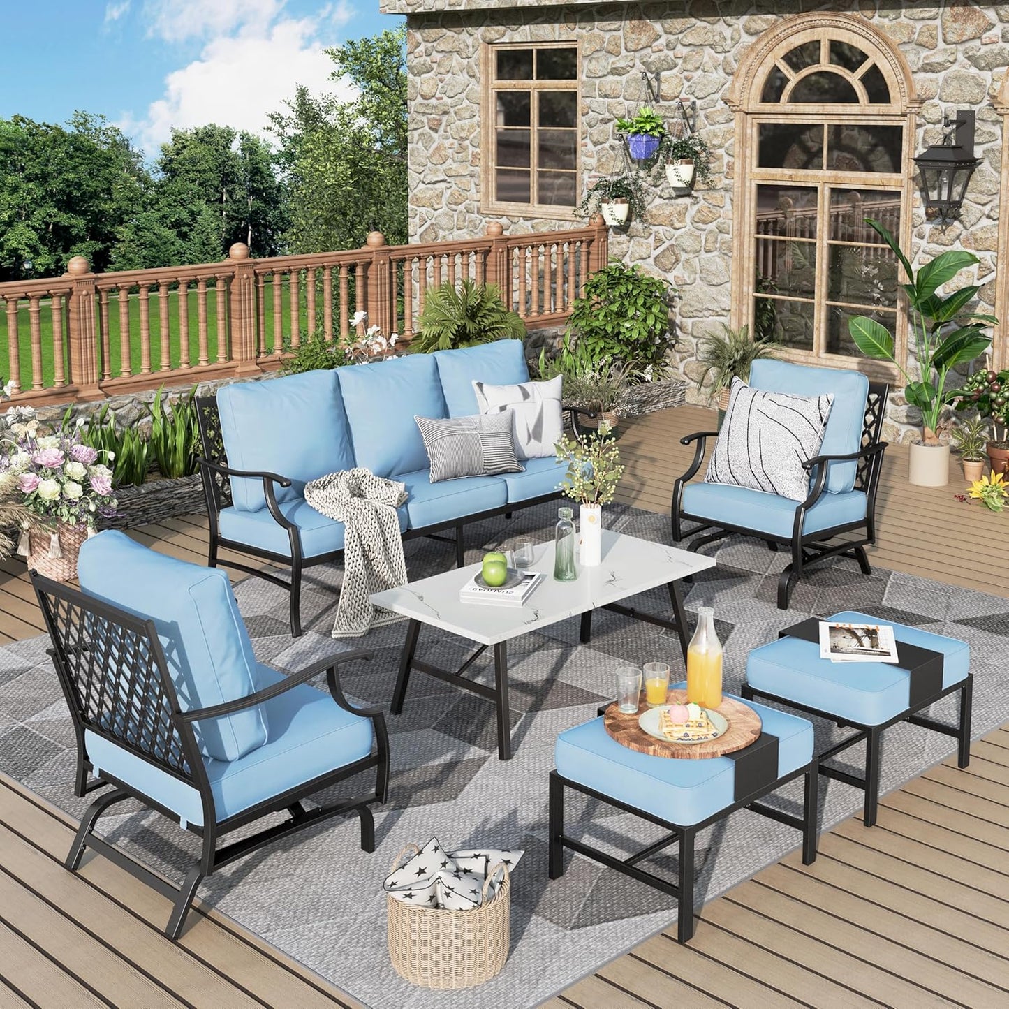 Patio Furniture Set 6 pcs, Outdoor Patio Furniture, 1 X 3-Seat Sofa, 2 X Single Chairs, 2 X Swivel Chairs, 1 X Coffee Table and 5.75" Extra Thick Cushion, Patio Conversation Set,Gemstone Blue