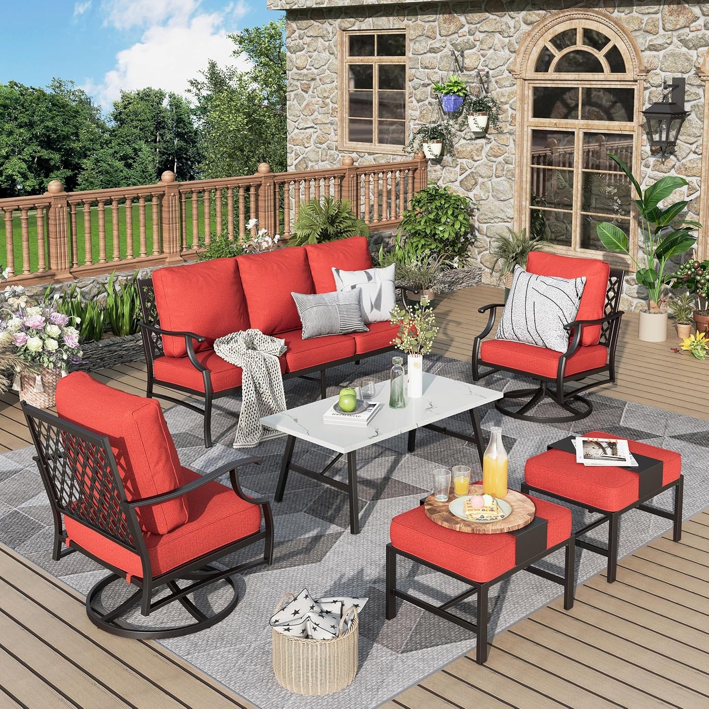 Patio Furniture Set 6 pcs, Outdoor Patio Furniture, 1 X 3-Seat Sofa, 2 X Single Chairs, 2 X Swivel Chairs, 1 X Coffee Table and 5.75" Extra Thick Cushion, Patio Conversation Set,Gemstone Blue
