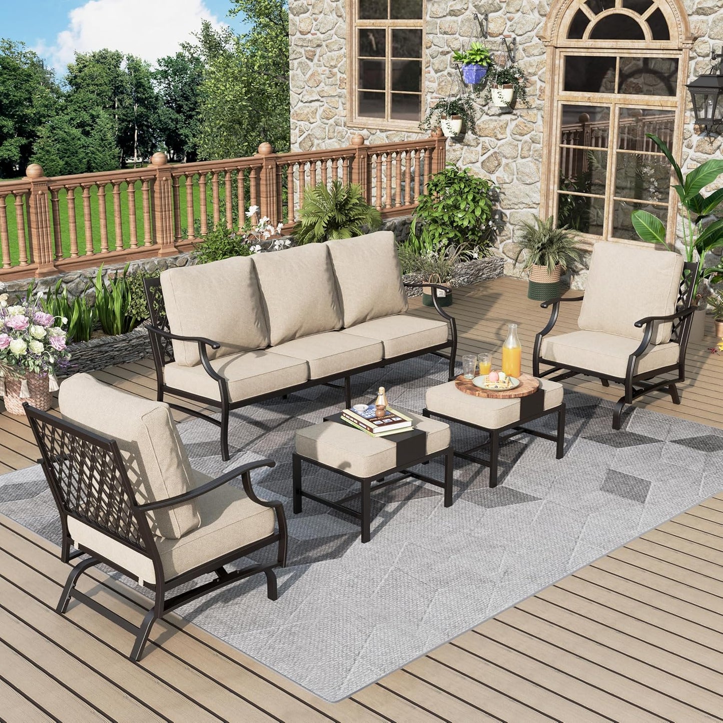 Patio Furniture Set 7 pcs, Outdoor Patio Furniture, 3-Seat Sofa, 2 Single Chairs, 2 Rocking Chairs, 2 Ottomans and 5.75" Extra Thick Cushion, Patio Conversation Set for Backyard Deck,Beige