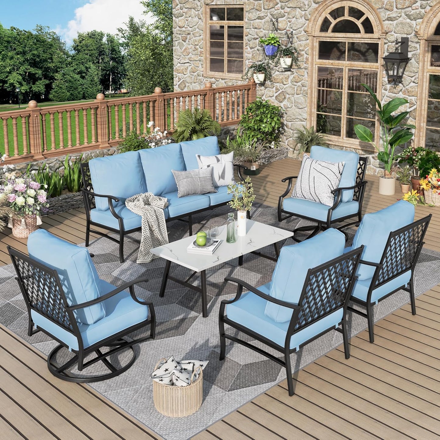 Patio Furniture Set 6 pcs, Outdoor Patio Furniture, 1 X 3-Seat Sofa, 2 X Single Chairs, 2 X Swivel Chairs, 1 X Coffee Table and 5.75" Extra Thick Cushion, Patio Conversation Set,Gemstone Blue