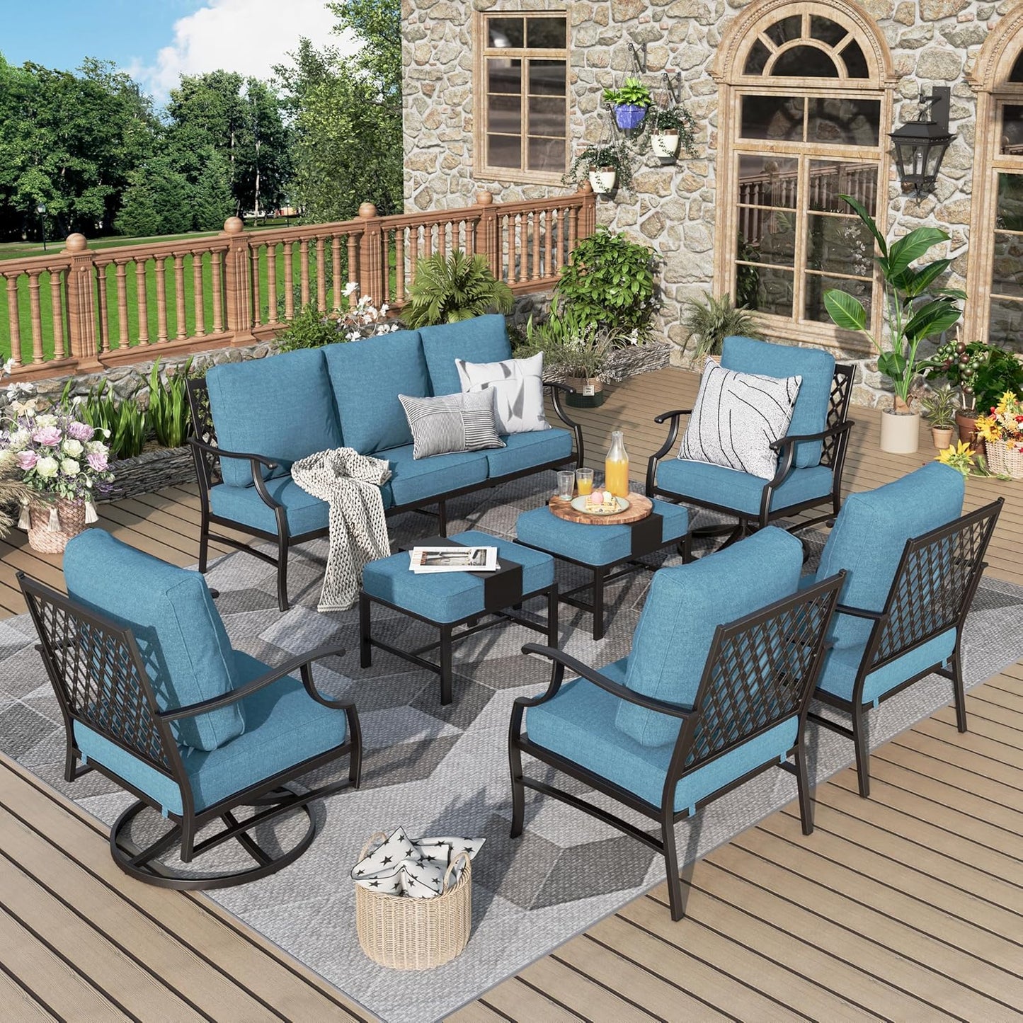 Patio Furniture Set 7 pcs, Outdoor Patio Furniture, 3-Seat Sofa, 2 Single Chairs, 2 Rocking Chairs, 2 Ottomans and 5.75" Extra Thick Cushion, Patio Conversation Set for Backyard Deck,Beige
