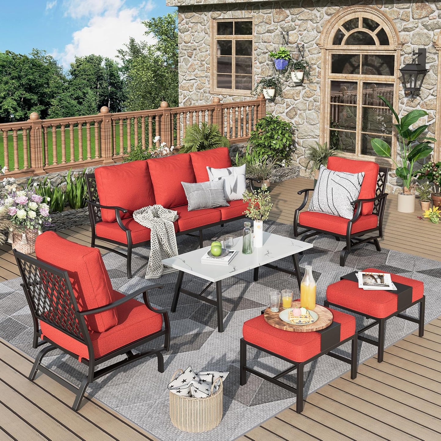 Patio Furniture Set 6 pcs, Outdoor Patio Furniture, 1 X 3-Seat Sofa, 2 X Single Chairs, 2 X Swivel Chairs, 1 X Coffee Table and 5.75" Extra Thick Cushion, Patio Conversation Set,Gemstone Blue