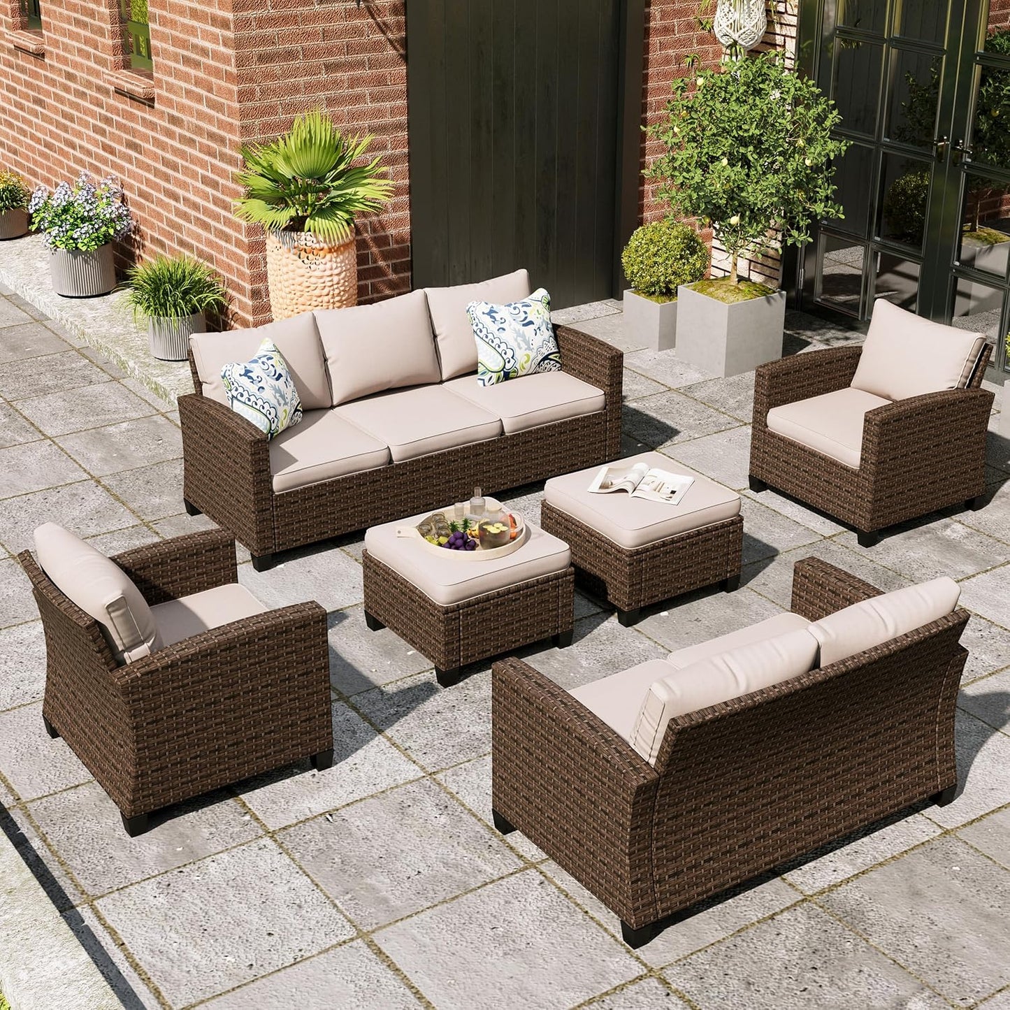 Swivel Glider Patio Furniture Set, 8 Pcs Wicker Rattan Outdoor Conversation Set, 2 x Swivel Chairs, 2 x Leg Chairs, 1 x 3 Seater Sofa and 2 x Ottomans and 56" Fire Pit Table, Blue