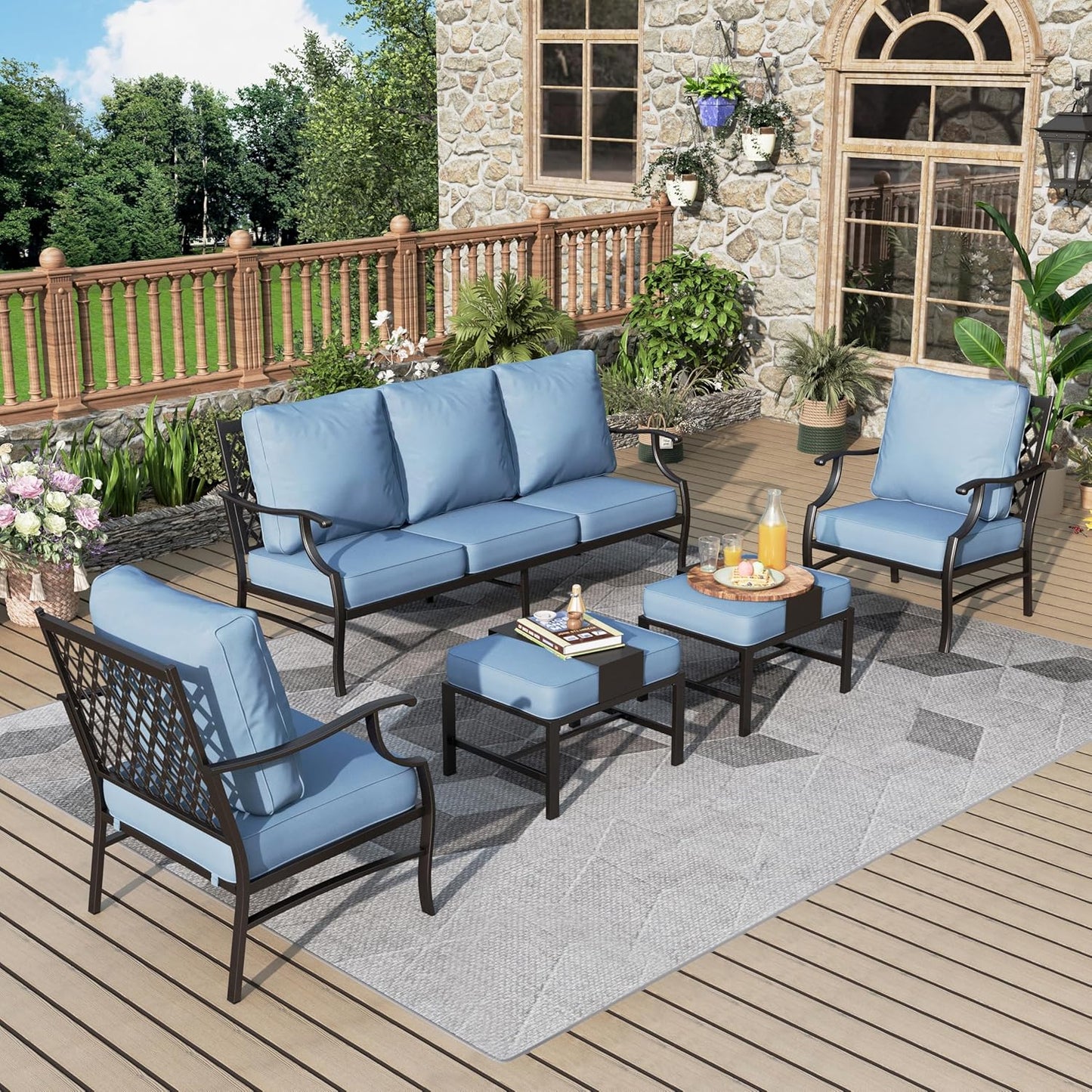 Patio Furniture Set 7 pcs, Outdoor Patio Furniture, 3-Seat Sofa, 2 Single Chairs, 2 Rocking Chairs, 2 Ottomans and 5.75" Extra Thick Cushion, Patio Conversation Set for Backyard Deck,Beige