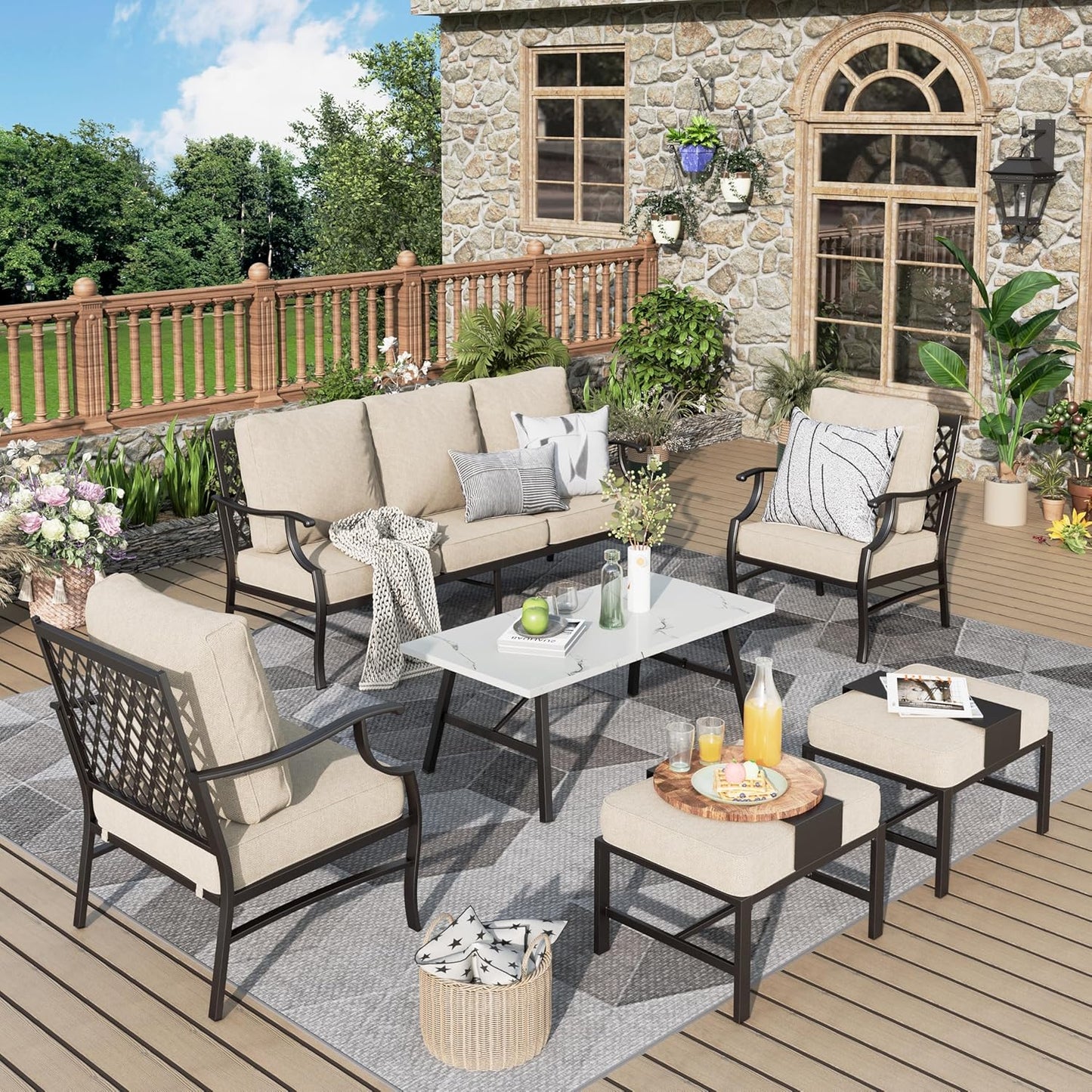 Patio Furniture Set 6 pcs, Outdoor Patio Furniture, 1 X 3-Seat Sofa, 2 X Single Chairs, 2 X Swivel Chairs, 1 X Coffee Table and 5.75" Extra Thick Cushion, Patio Conversation Set,Gemstone Blue