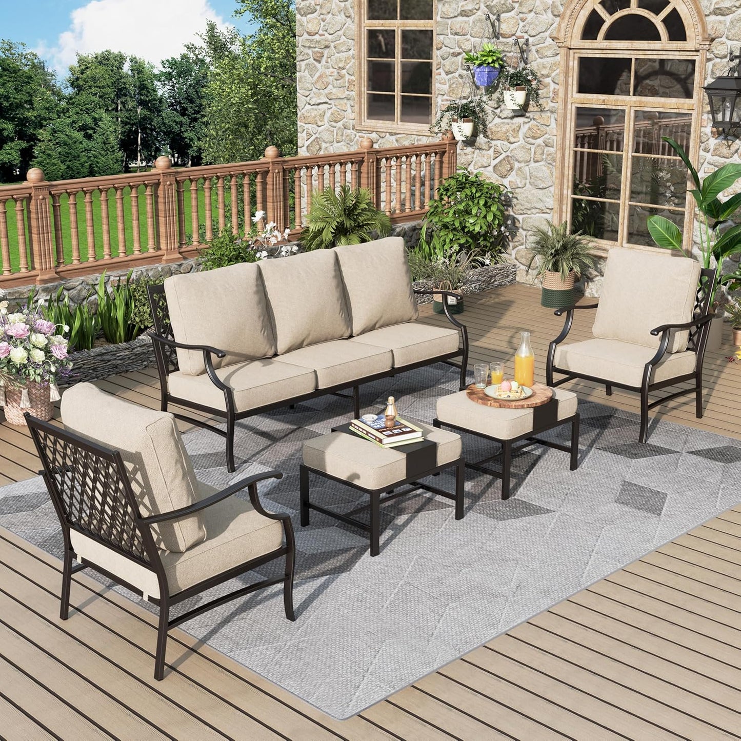 Patio Furniture Set 7 pcs, Outdoor Patio Furniture, 3-Seat Sofa, 2 Single Chairs, 2 Rocking Chairs, 2 Ottomans and 5.75" Extra Thick Cushion, Patio Conversation Set for Backyard Deck,Beige