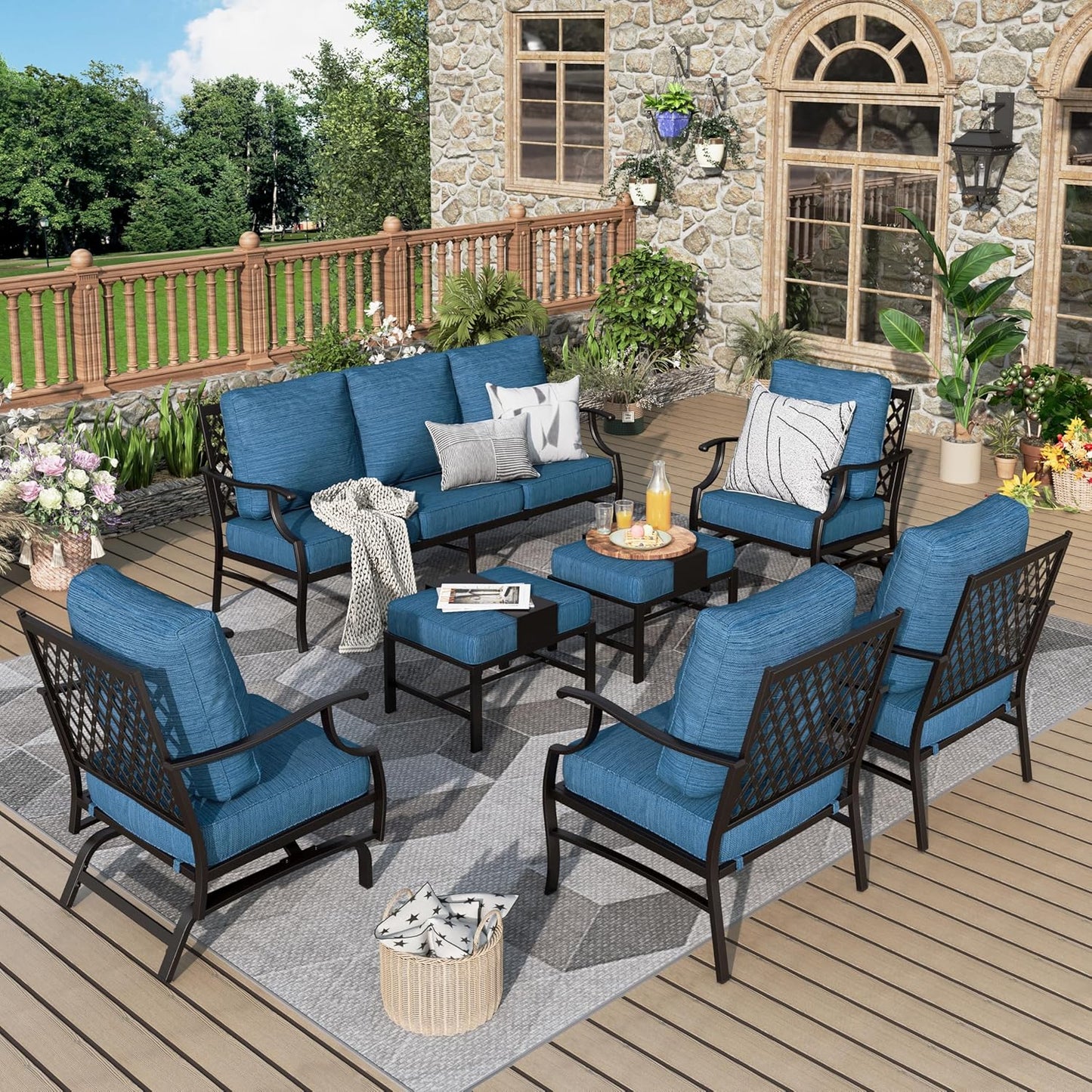 Patio Furniture Set 7 pcs, Outdoor Patio Furniture, 3-Seat Sofa, 2 Single Chairs, 2 Rocking Chairs, 2 Ottomans and 5.75" Extra Thick Cushion, Patio Conversation Set for Backyard Deck,Beige