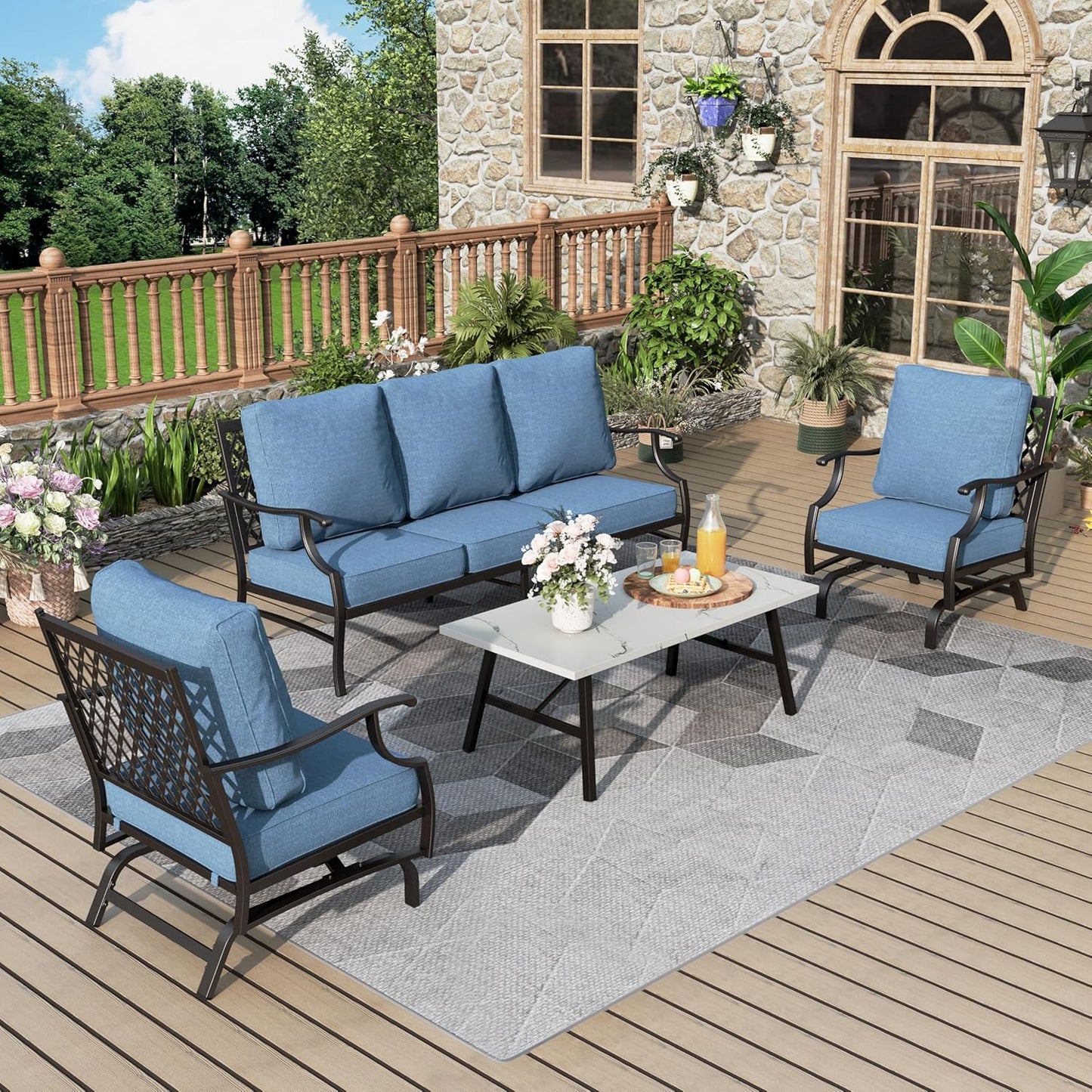 Patio Furniture Set 6 pcs, Outdoor Patio Furniture, 1 X 3-Seat Sofa, 2 X Single Chairs, 2 X Swivel Chairs, 1 X Coffee Table and 5.75" Extra Thick Cushion, Patio Conversation Set,Gemstone Blue