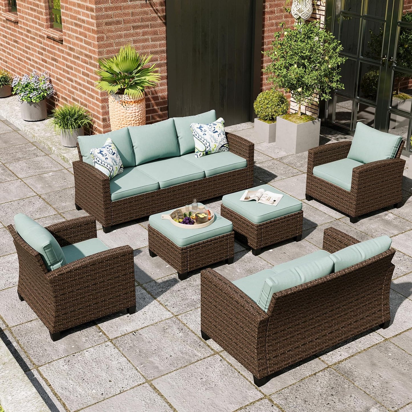Swivel Glider Patio Furniture Set, 8 Pcs Wicker Rattan Outdoor Conversation Set, 2 x Swivel Chairs, 2 x Leg Chairs, 1 x 3 Seater Sofa and 2 x Ottomans and 56" Fire Pit Table, Blue